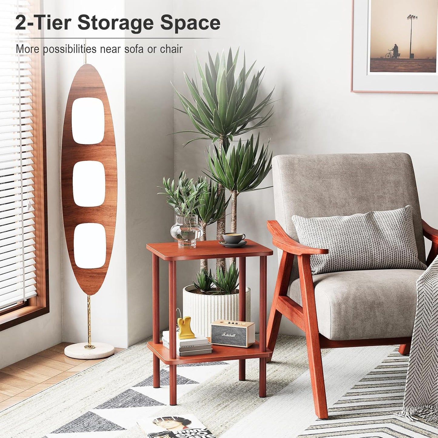 Apicizon 2 Tier End Table Set of 2, Small Side Table with Solid Wood Legs, Boho Bedside Table with Storage Shelf, Nightstand for Small Spaces, Bedroom, Living Room, Entryway, Vintage Brown