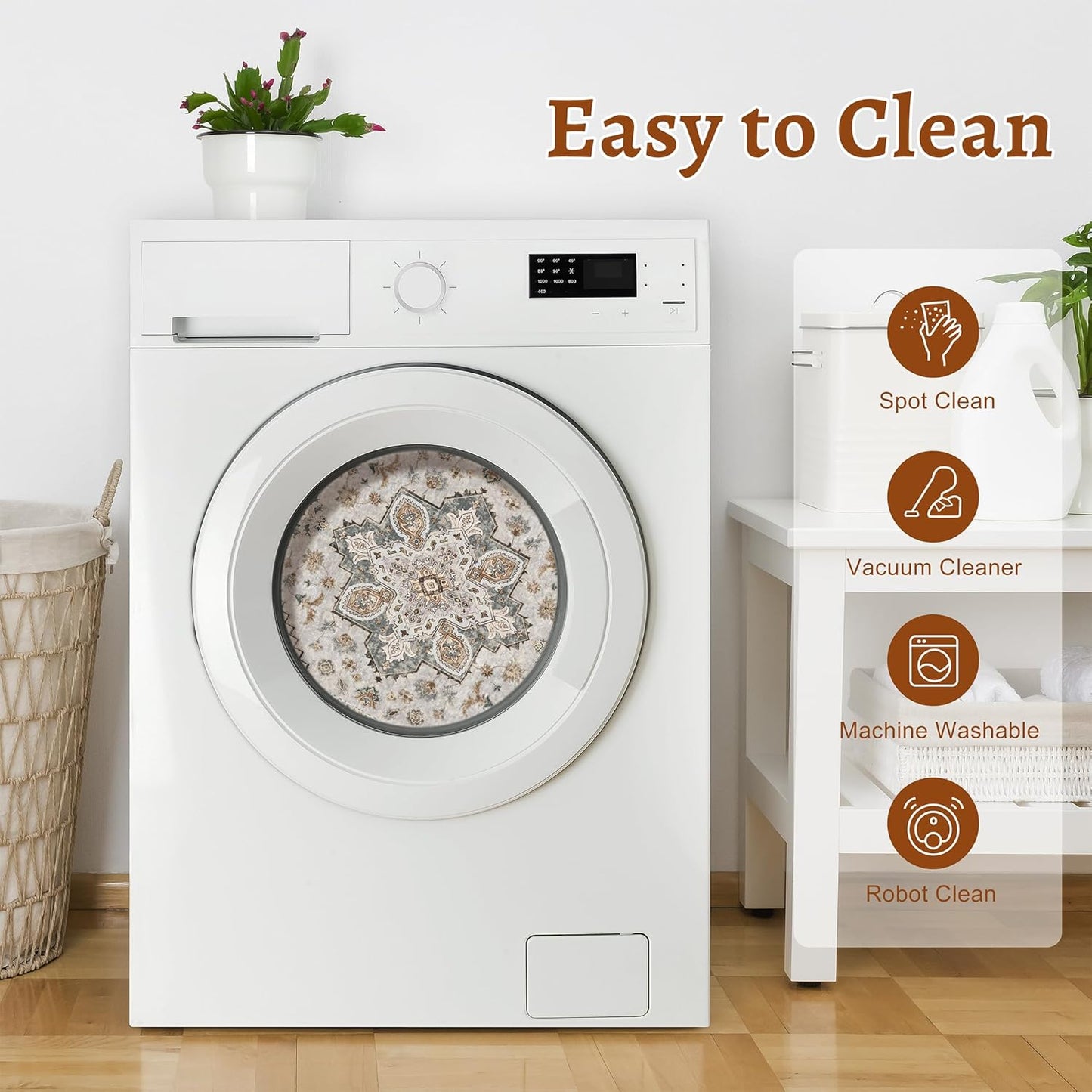 Tangsoo Vintage Round Rug 6ft,Washable Circle Rug, Non Slip Boho Round Area Rug,Low Pile Circular Rugs,Large Round Rugs Carpet for Livingroom,Bedroom,Nursery,Dorm,Office,Taupe