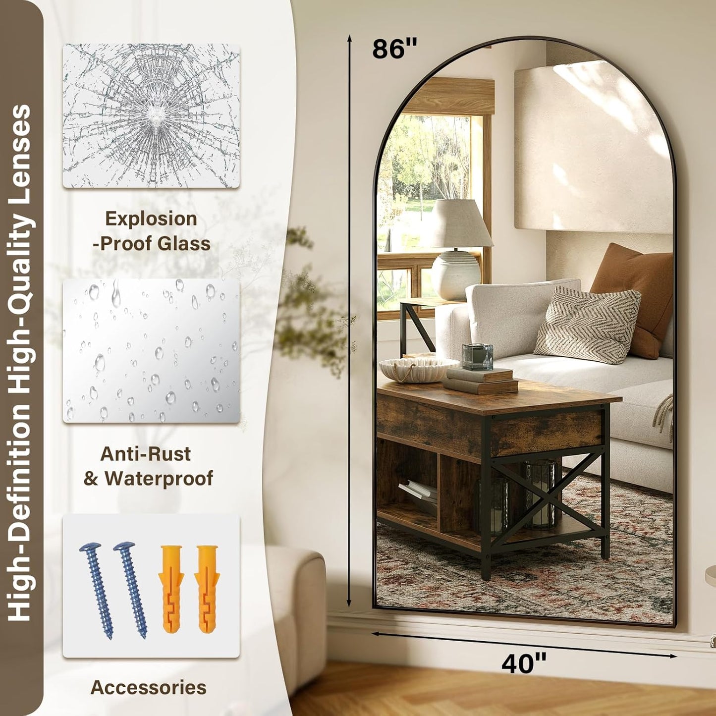 86"x40" Arched Full Length Mirror Floor Mirrors with Aluminum Alloy Frame Free-Standing Wall Mounted Floor Mirrors or Large Dressing Mirror, Black Mirror Full Length