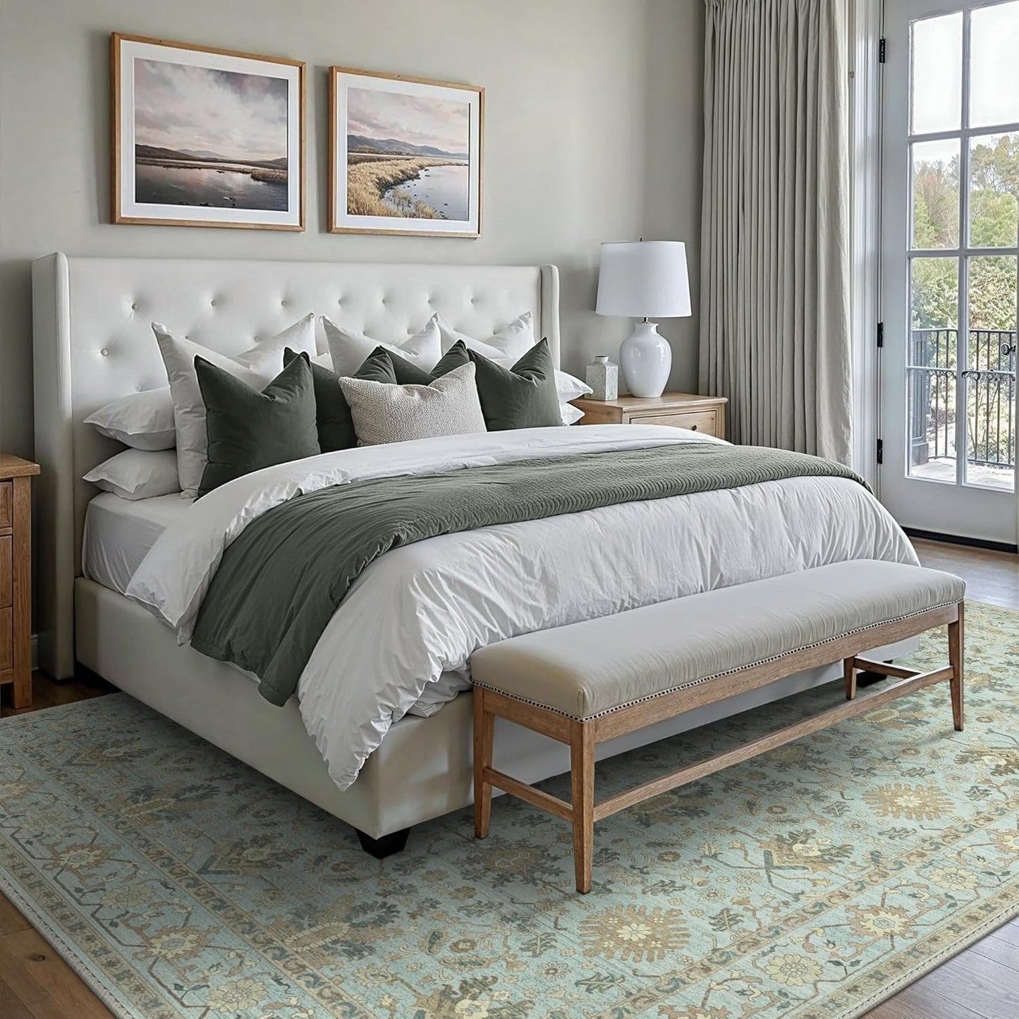 8X10 Area Rugs Machine Washable Runner Rugs for Living Room Bedroom Hallway, Non Slip Indoor Soft Accent Distressed Boho Vintage Print Lightweight Thin Low Pile Carpet, Misty Blue