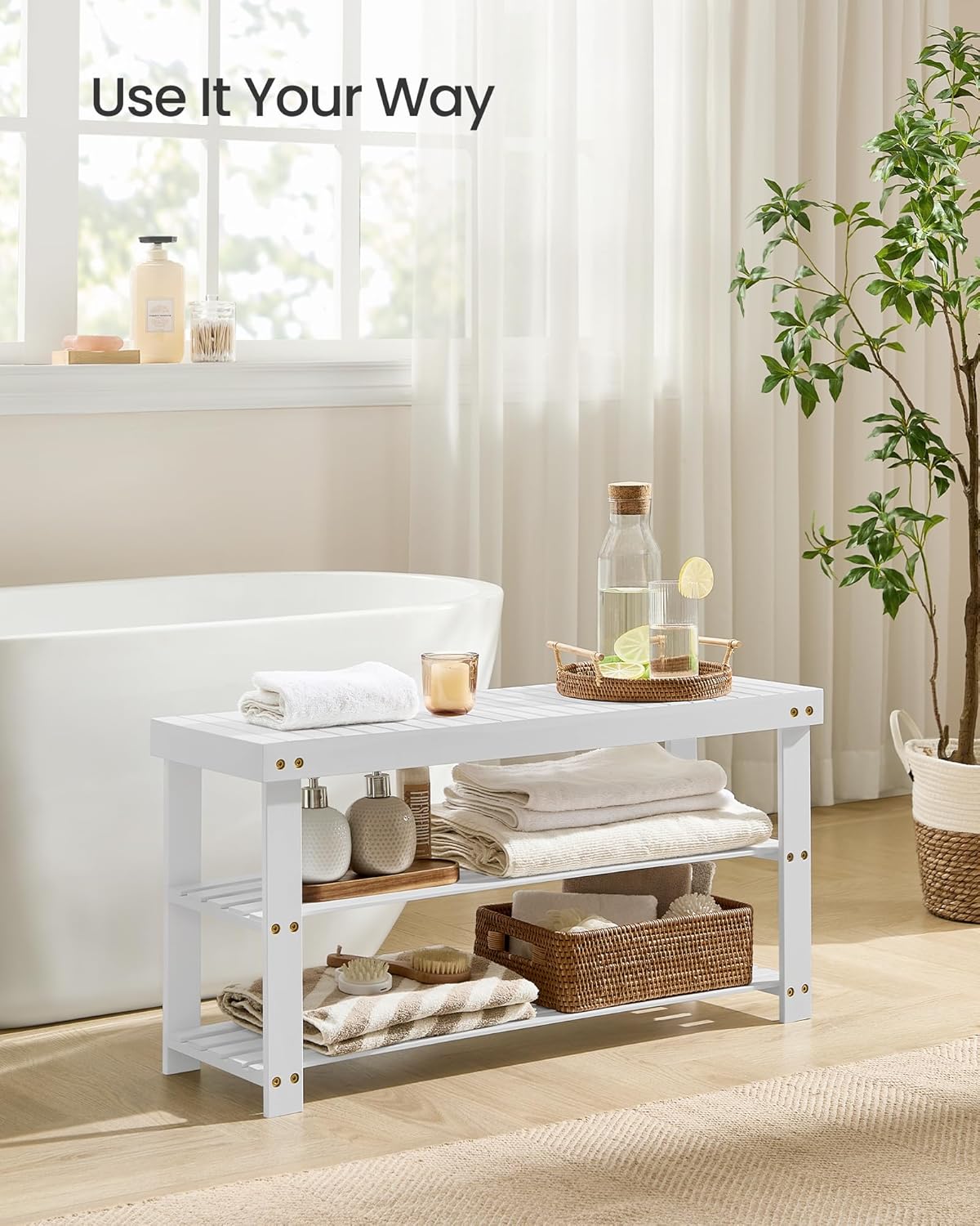 SONGMICS Shoe Rack Bench, 3-Tier Bamboo Shoe Storage Organizer, Entryway Bench, Holds Up to 286 lb, 11.3 x 35.4 x 17.8 Inches, for Entryway Bathroom Bedroom, Cloud White ULBS090W01