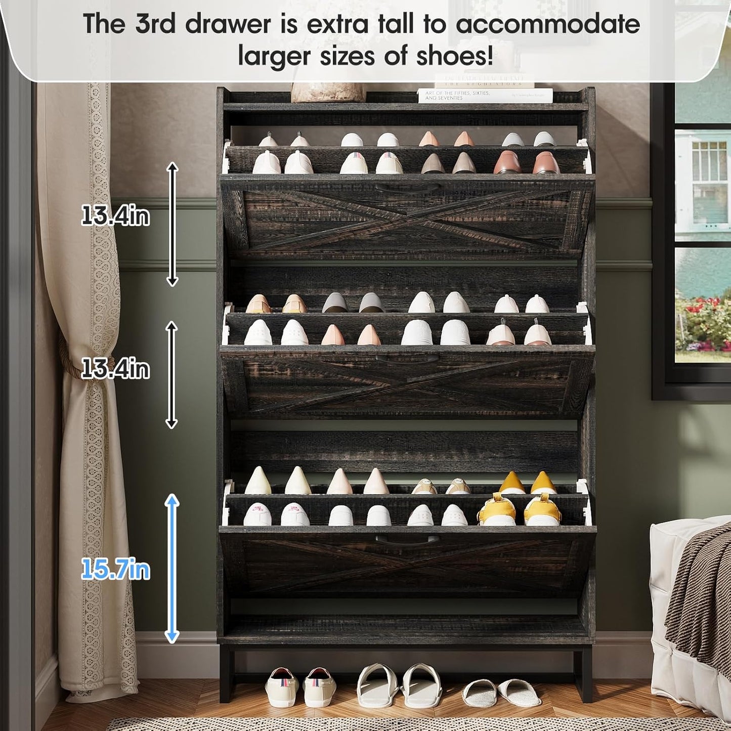 Maupvit Shoe Storage Cabinet with 3 Flip Drawers, Freestanding Organizer with Metal Legs for Entryway, Narrow Shoe Rack Cabinet, Dark Rustic Oak