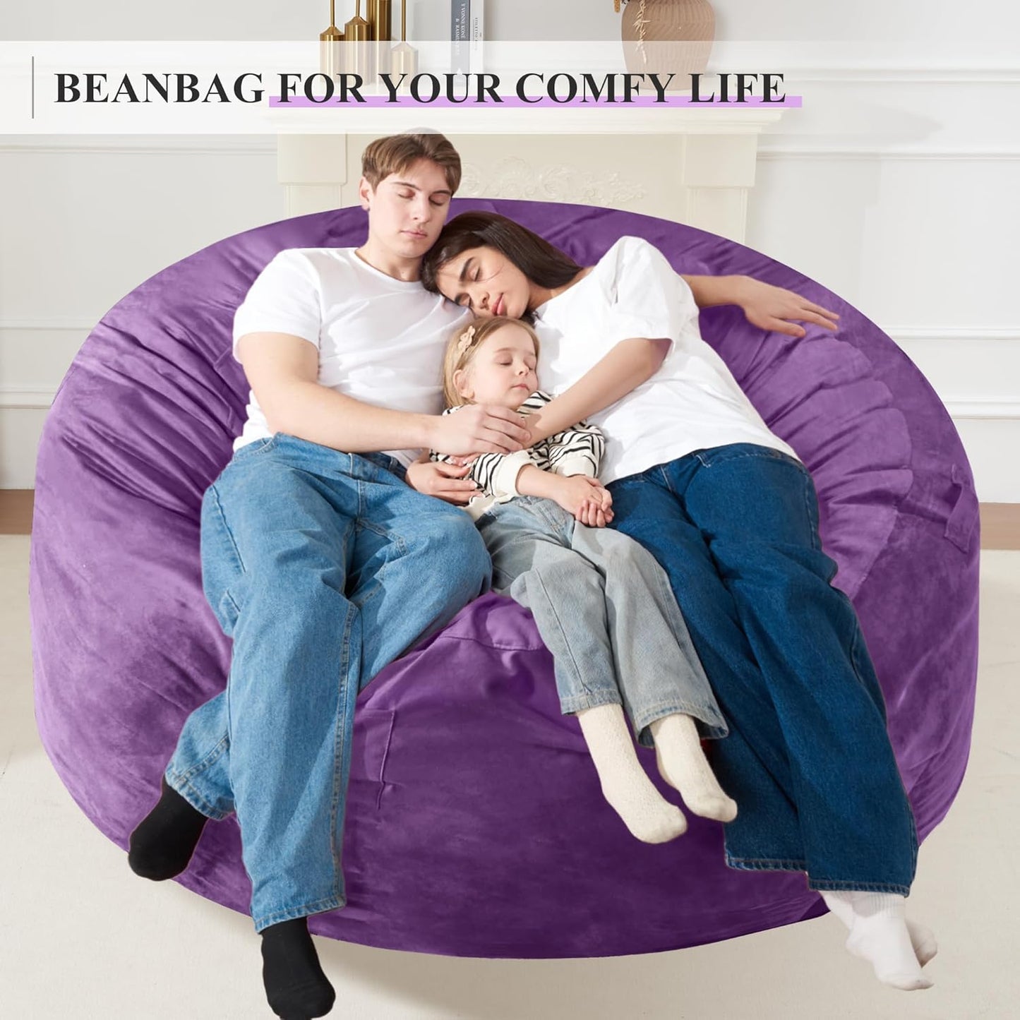 Homguava 6 FT Bean Bag Chair: 6' Bean Bags with Memory Foam Filled, Large Beanbag Chairs Soft Sofa with Dutch Velvet Cover-Purple