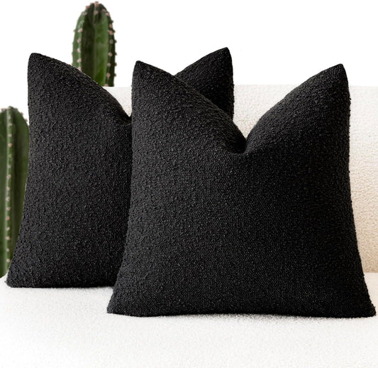 Foindtower Set of 2, Decorative Textured Boucle Throw Pillow Covers Accent Solid Pillow Cases Neutral Soft Cozy Couch Cushion Case for Chair Sofa Bedroom Living Room Home Decor 16 x 16 Inch Black
