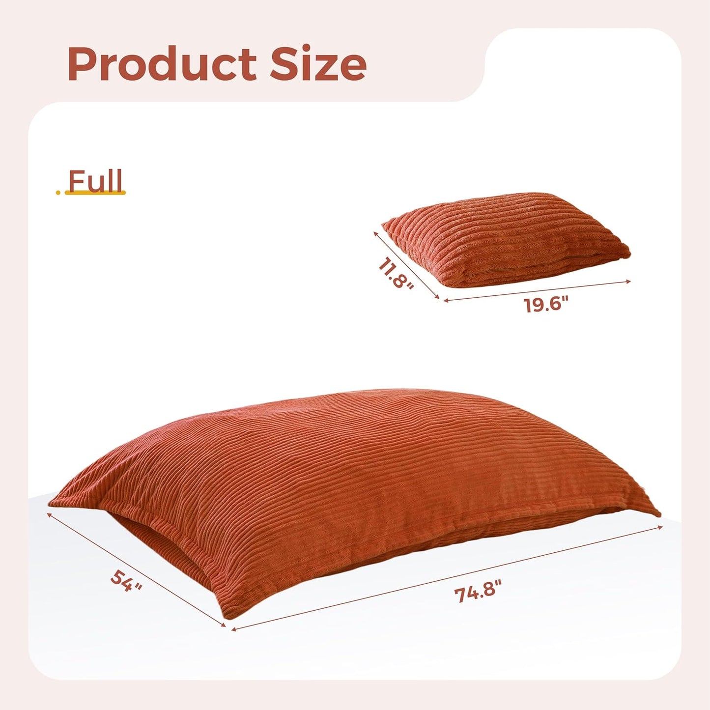 MAXYOYO Giant Bean Bag Chair with Pillow, 3 in 1 Convertible Bean Bag Chair for Adults with Washable Cover, Removable Floor Cushion Stuffed Floor Lounger for Living Room Bedroom, Orange, Full