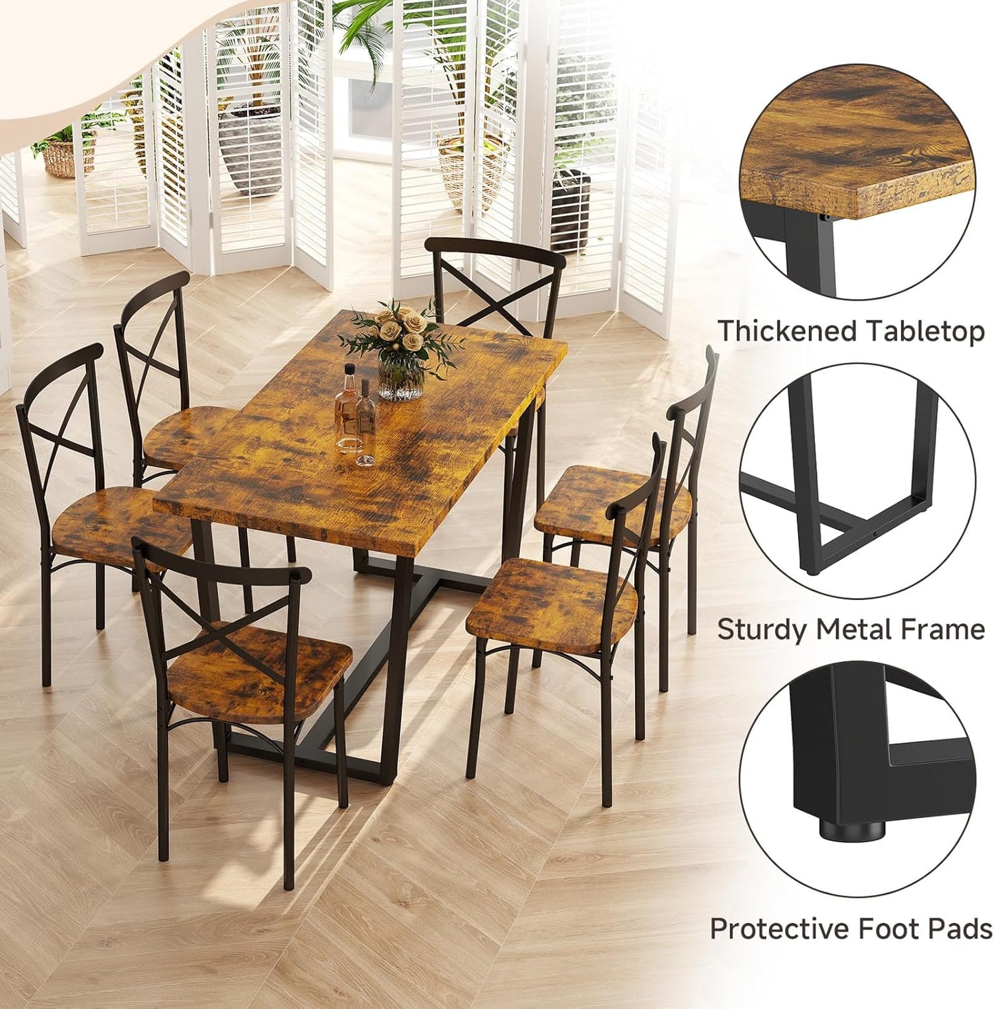 7-Piece Dining Table with Chairs Set, Rectangular Metal Frame Table with 6 Chairs, Modern Table Furniture Set for Kitchen, Dining Room and Living Room, Brown