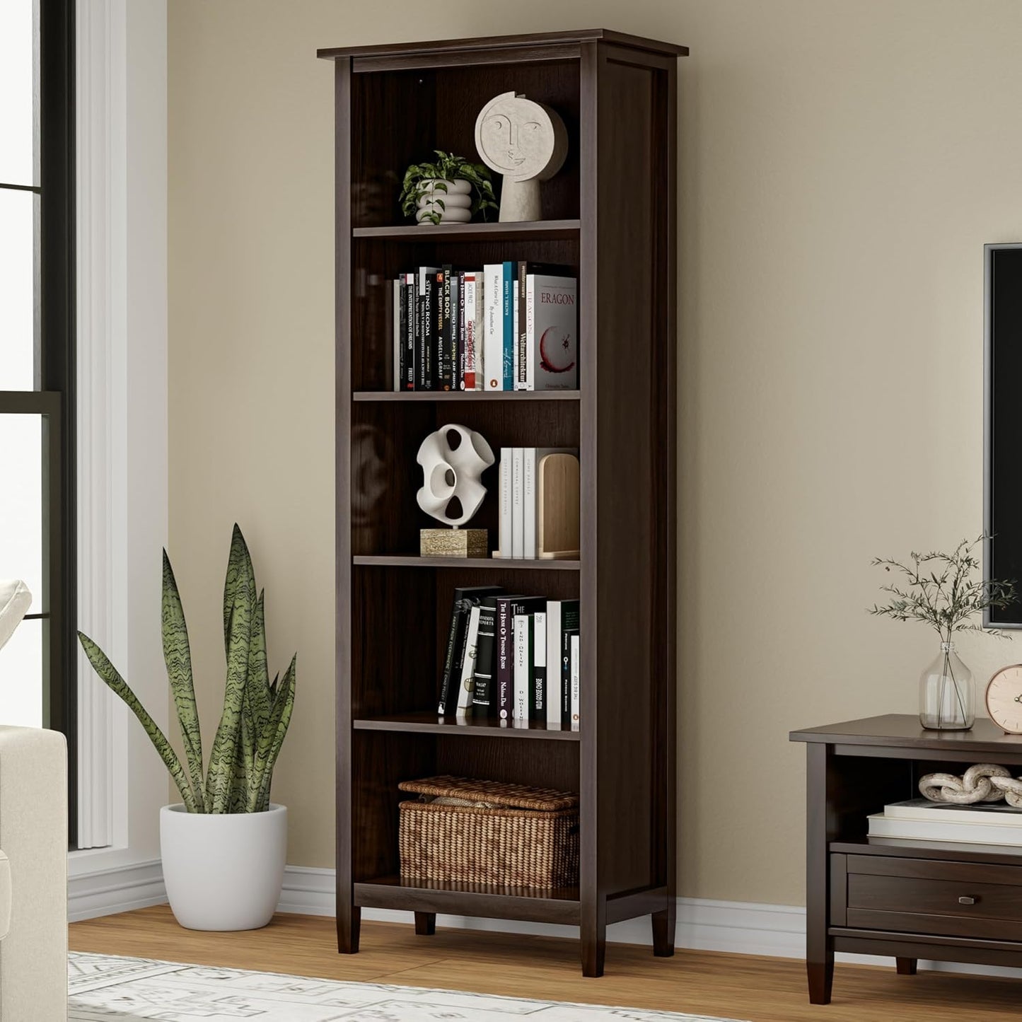 SIMPLIHOME Warm Shaker Bookcase - 72 inch Tall 5-Shelf Solid Wood Bookshelf in Tobacco Brown, Transitional Storage for Living Room, Study Room or Office with Adjustable Shelves and Tapered Legs