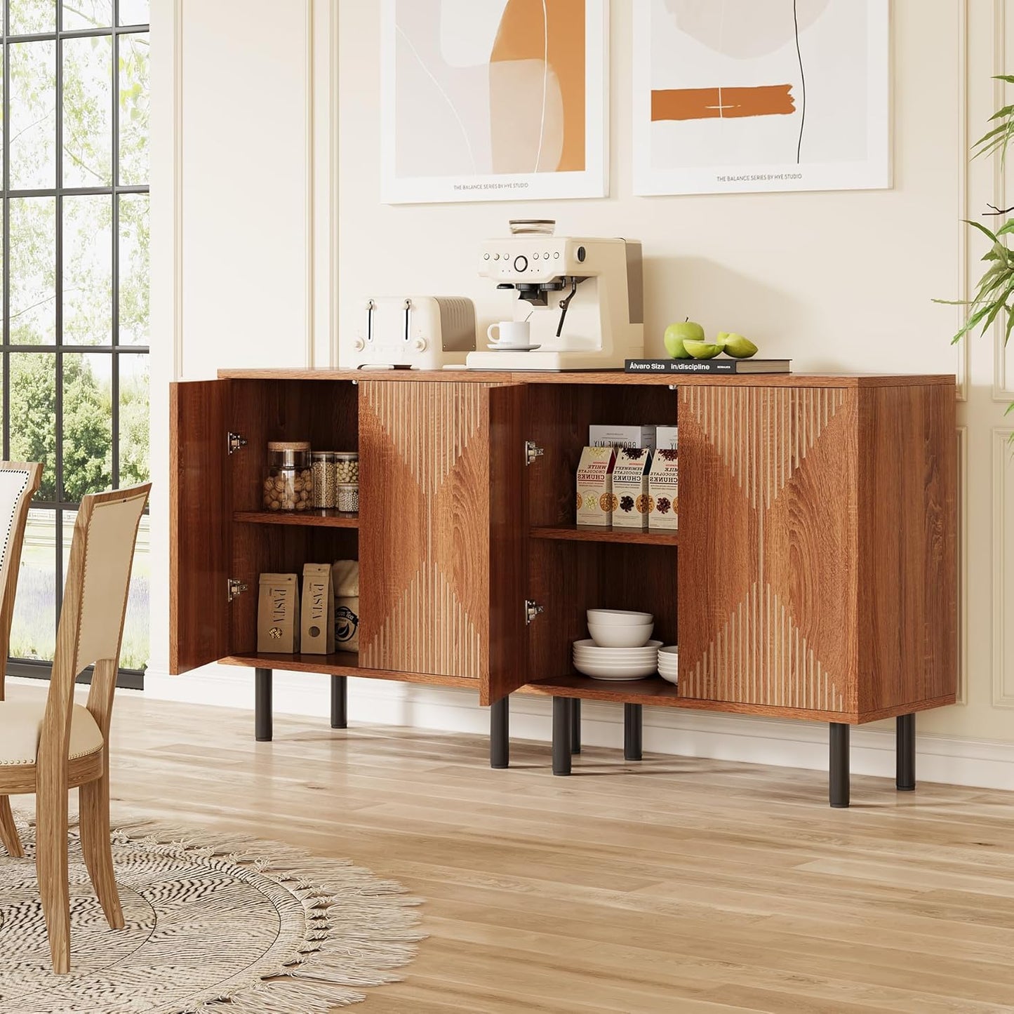 LITTLE TREE 59 Inches Long Sideboard Buffet Cabinet, Vintage Storage Cabinet with 4 Doors, Large Coffee Bar Cabinets for Kitchen, Cupboard Console Cabinets, Old Rose Color