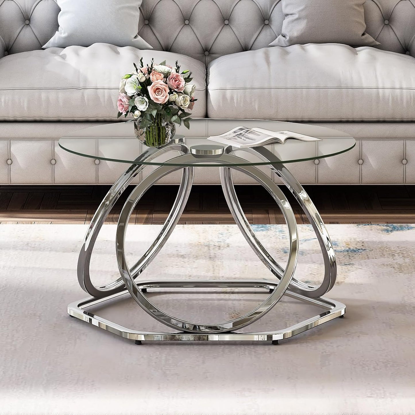 O&K FURNITURE Glass Coffee Table, Modern Silver Coffee Table Living Room Table with Hexagonal Base, Round Coffee Table for Home&Office, Chrome Finish, 1 PC