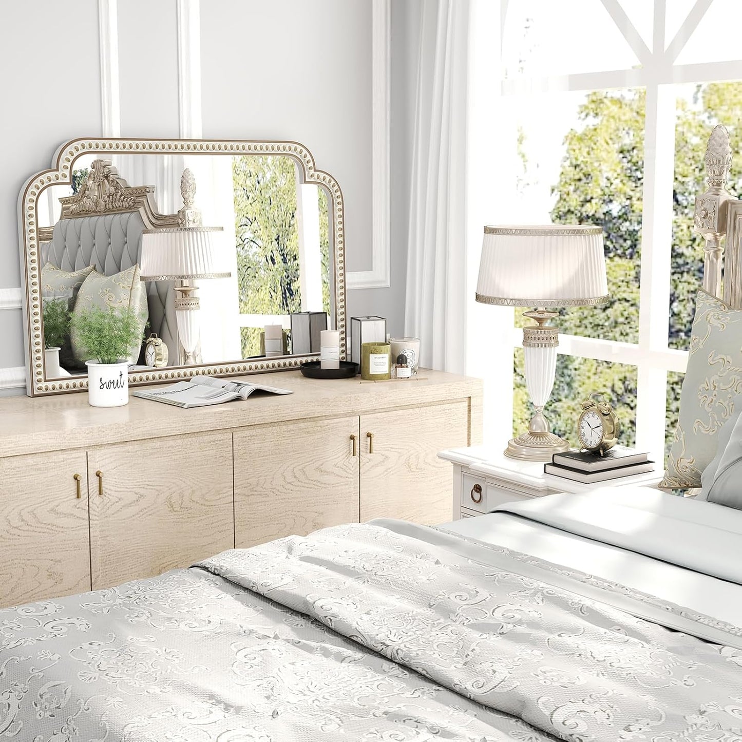 36''x24'' Farmhouse Wood Decorative Wall Mirrors with Beads, Boho Large Wide Arch Mirror for Living Room, Bedroom, Entryway, Fireplace