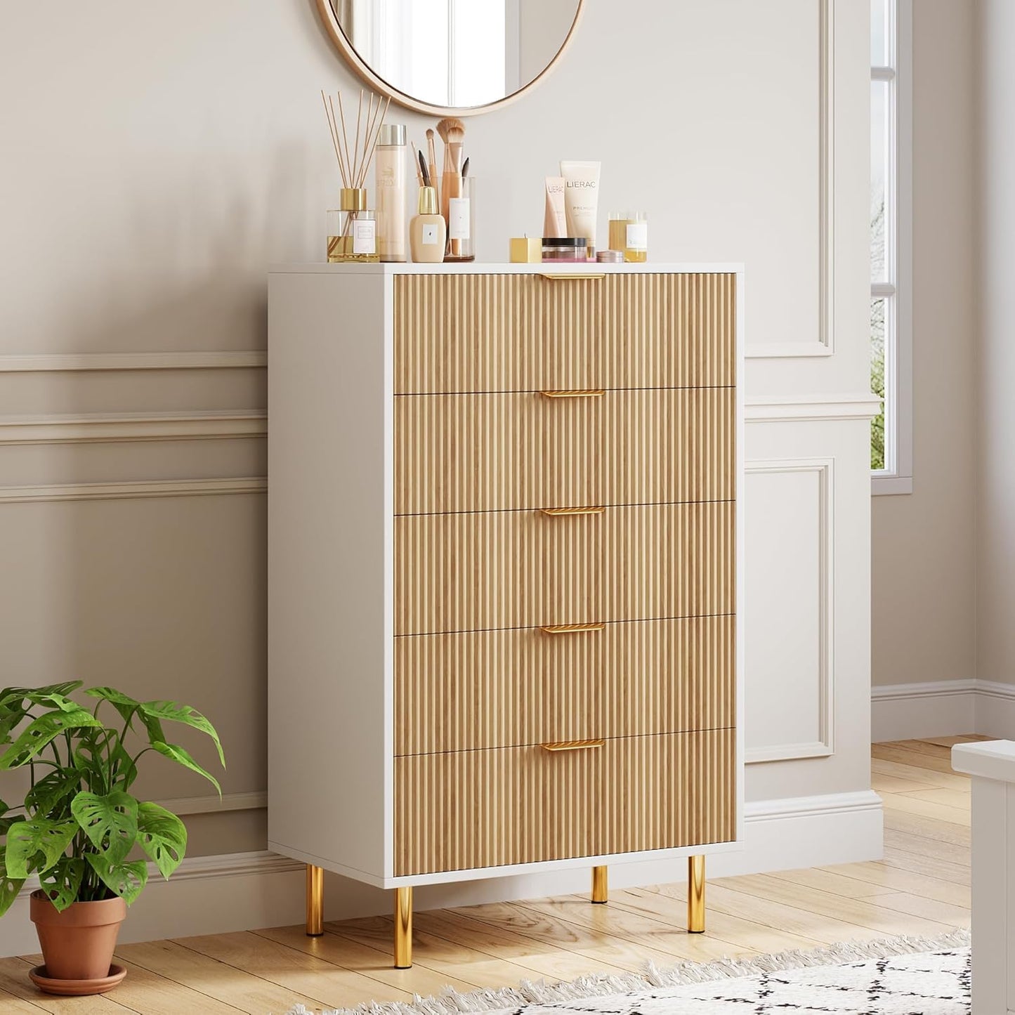 Natural Dresser, Modern 5 Drawer Dresser for Bedroom with Gold Handle and Large Drawer, Wood Double Chest of Drawers and Storage Organizer for Living Room, Hallway, Entryway