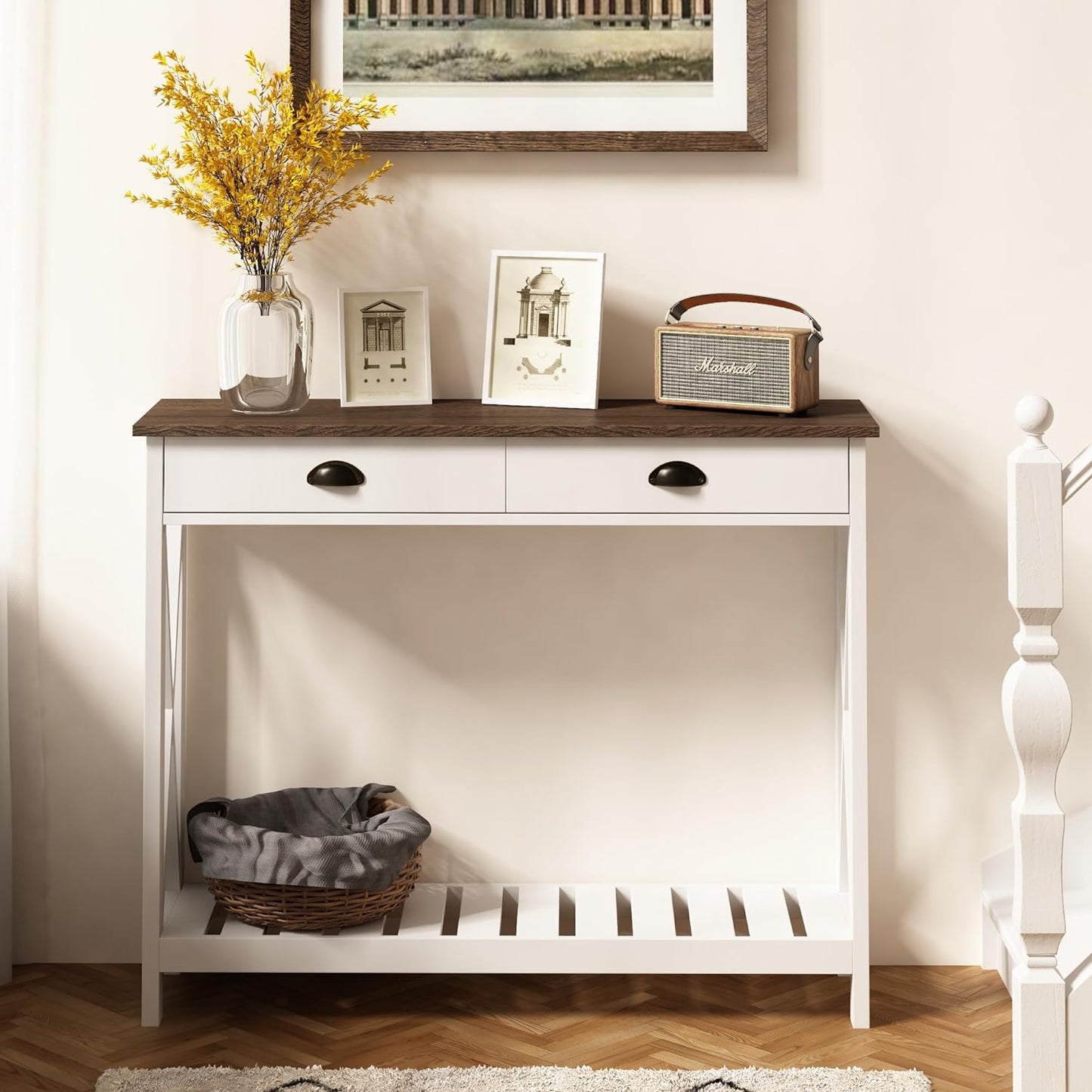 ChooChoo Farmhouse Console Table with Drawer for Entryway, Narrow Long Entry Table with Shelf for Living Room, Rustic Vintage Hallway Sofa Table with Stable X Supports, 40 White