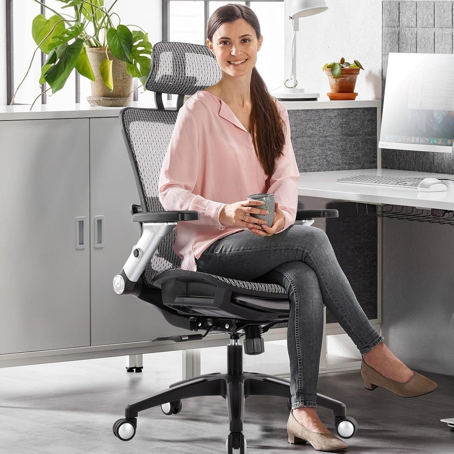 COLAMY Ergonomic Mesh Office Chair with Footrest, High Back Computer Executive Desk Chair with Headrest and 4D Flip-up Armrests, Adjustable Tilt Lock and Lumbar Support-Grey