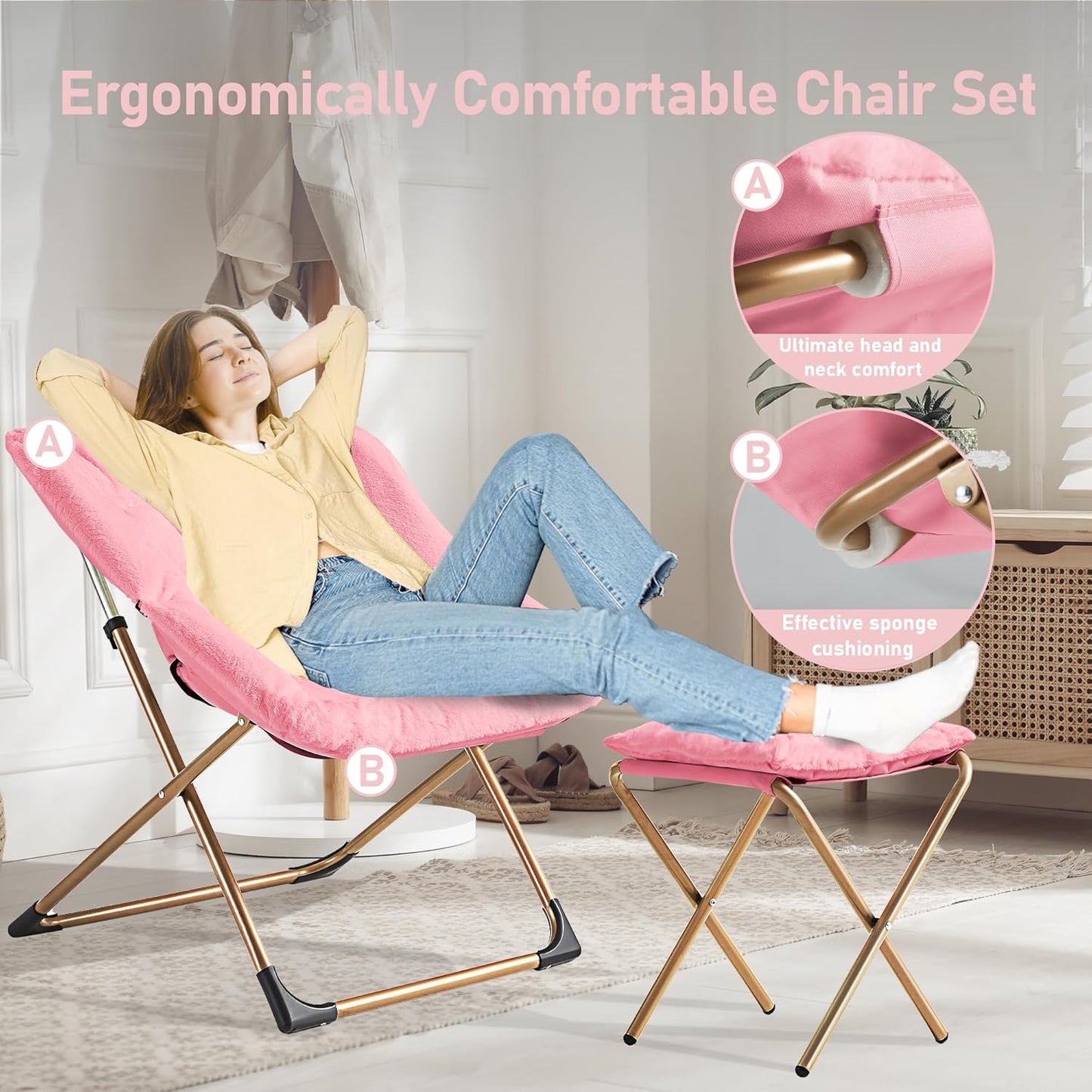 Comfy Oversized Saucer Chair with Ottoman,Soft Faux Fur Reading Lounge Chair for Adults,Stable X-Large Metal Frame and Non-Slip Pad,Cozy Chair for Bedroom, Living Room, Dorm, Office, Pink