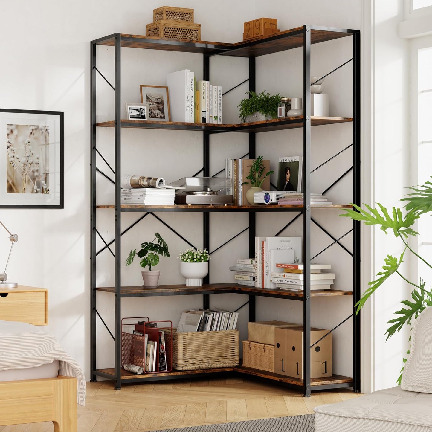 Shintenchi 5 Tier Corner Bookshelf,L Shaped Bookcase,Large Etagere Bookcase,Corner Shelf Display Storage Rack with Metal Frame for Living Room Bedroom Office,Rustic Brown