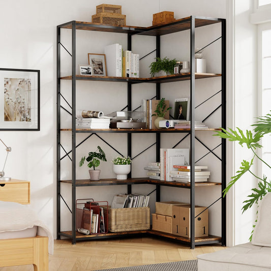 Shintenchi 5 Tier Corner Bookshelf,L Shaped Bookcase,Large Etagere Bookcase,Corner Shelf Display Storage Rack with Metal Frame for Living Room Bedroom Office,Rustic Brown
