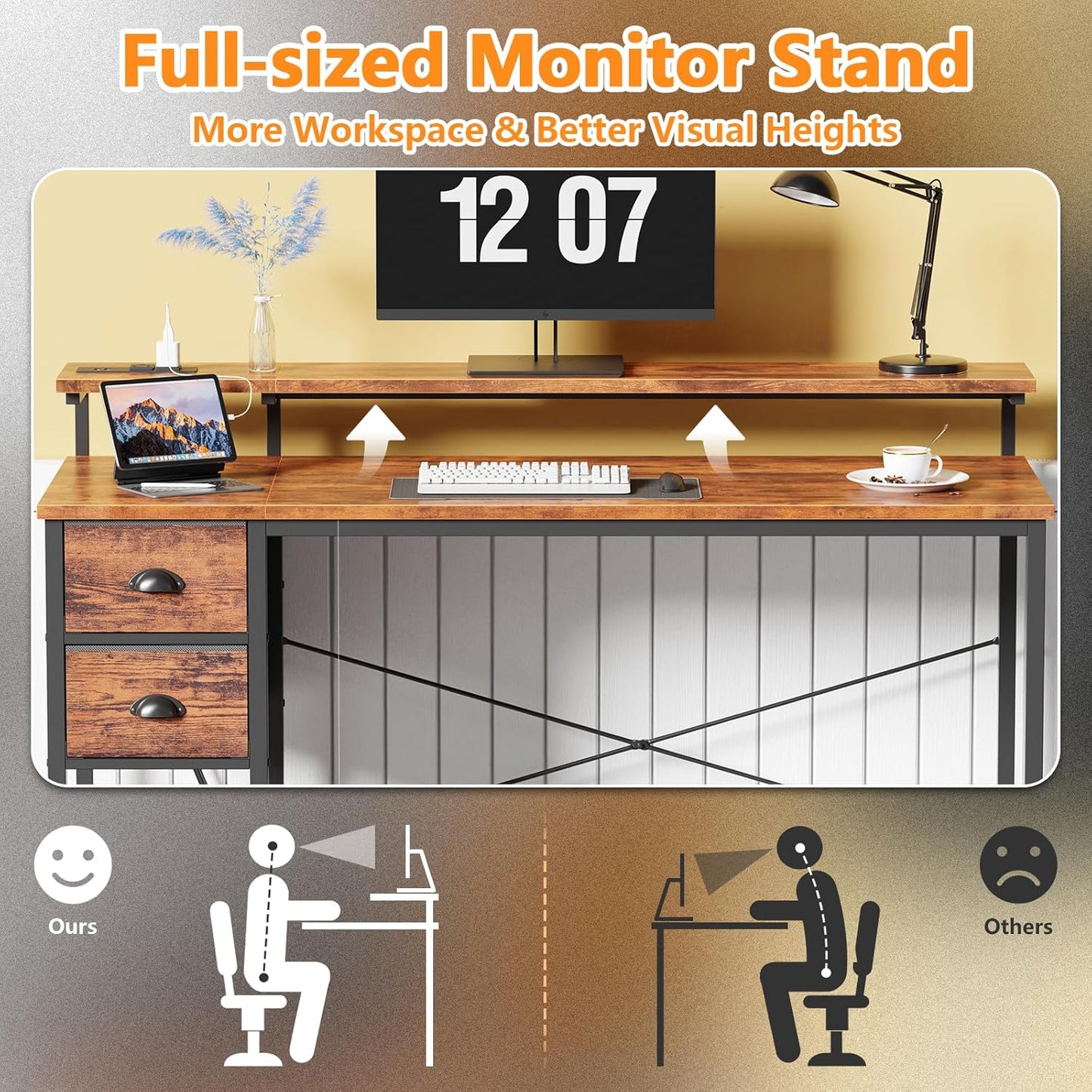 55 Inch Computer Desk with Power Outlets & LED Lights, Home Office Desk with Storage Drawers and Monitor Stand, Writing Work Study Desk for Bedroom Living Room