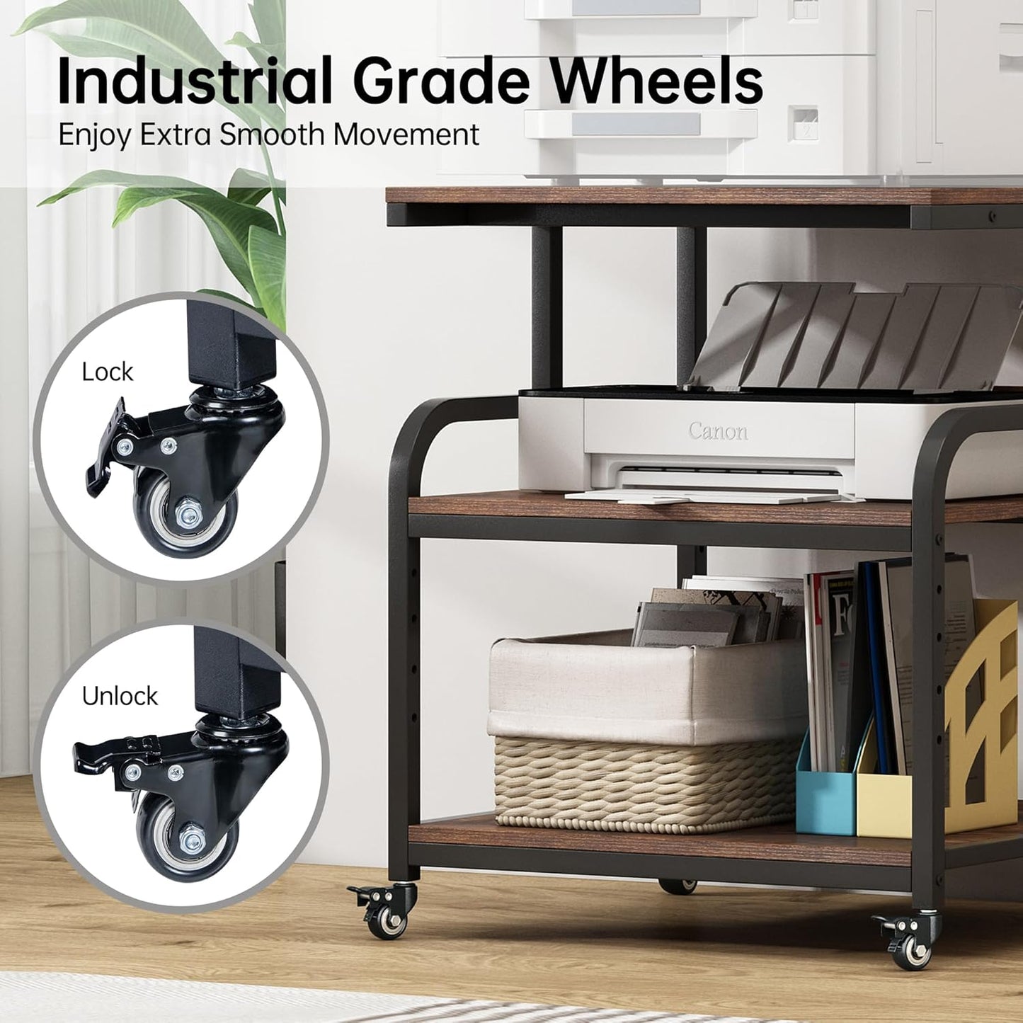 23.6" Deep Extra Large Printer Stand, 3 Tier Printer Table with Adjustable Storage Shelf, Rolling Printer Cart with Industrial Wheels for Home Office, Rustic Brown