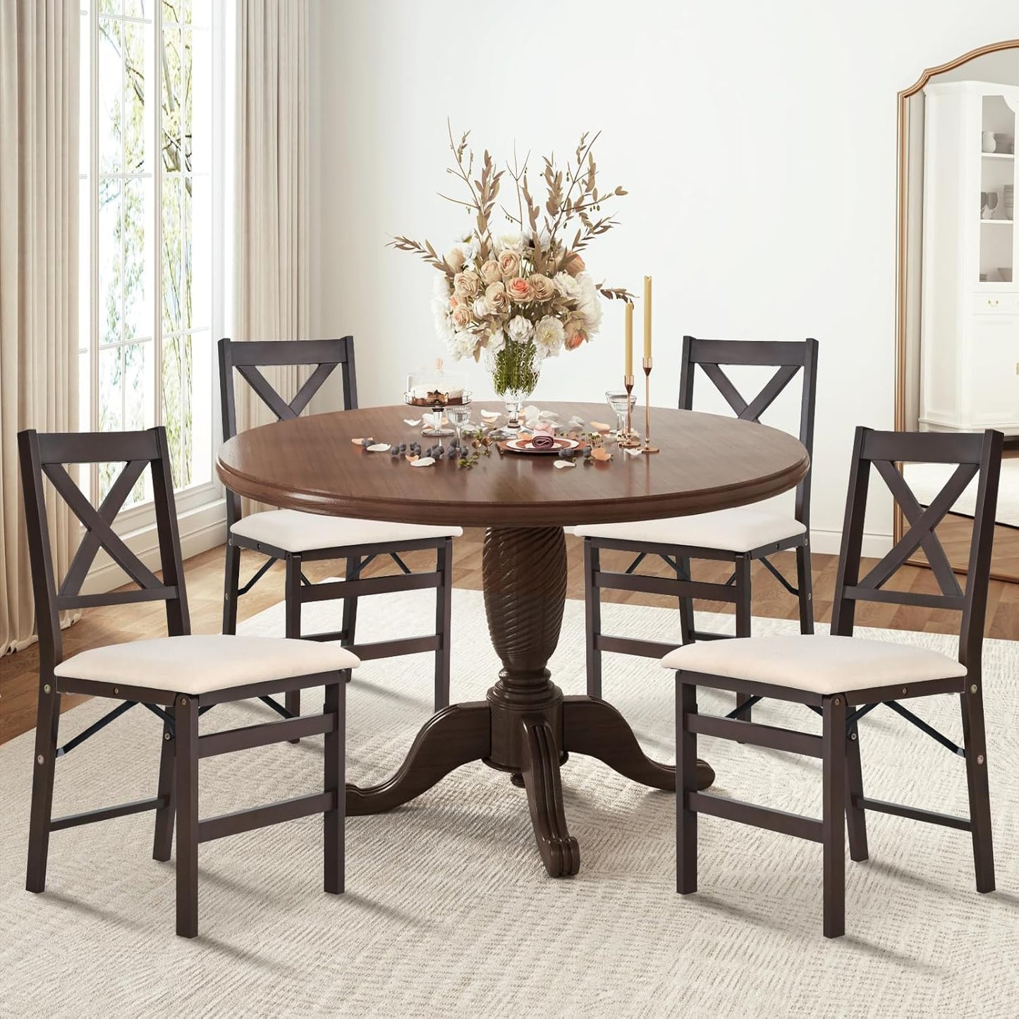 COLAMY Folding Dining Chairs Set of 4 – Beige Upholstered Wooden Dining Room Chairs for Kitchen & Small Spaces, Mid Century Modern Design, Space-Saving, No Assembly Required