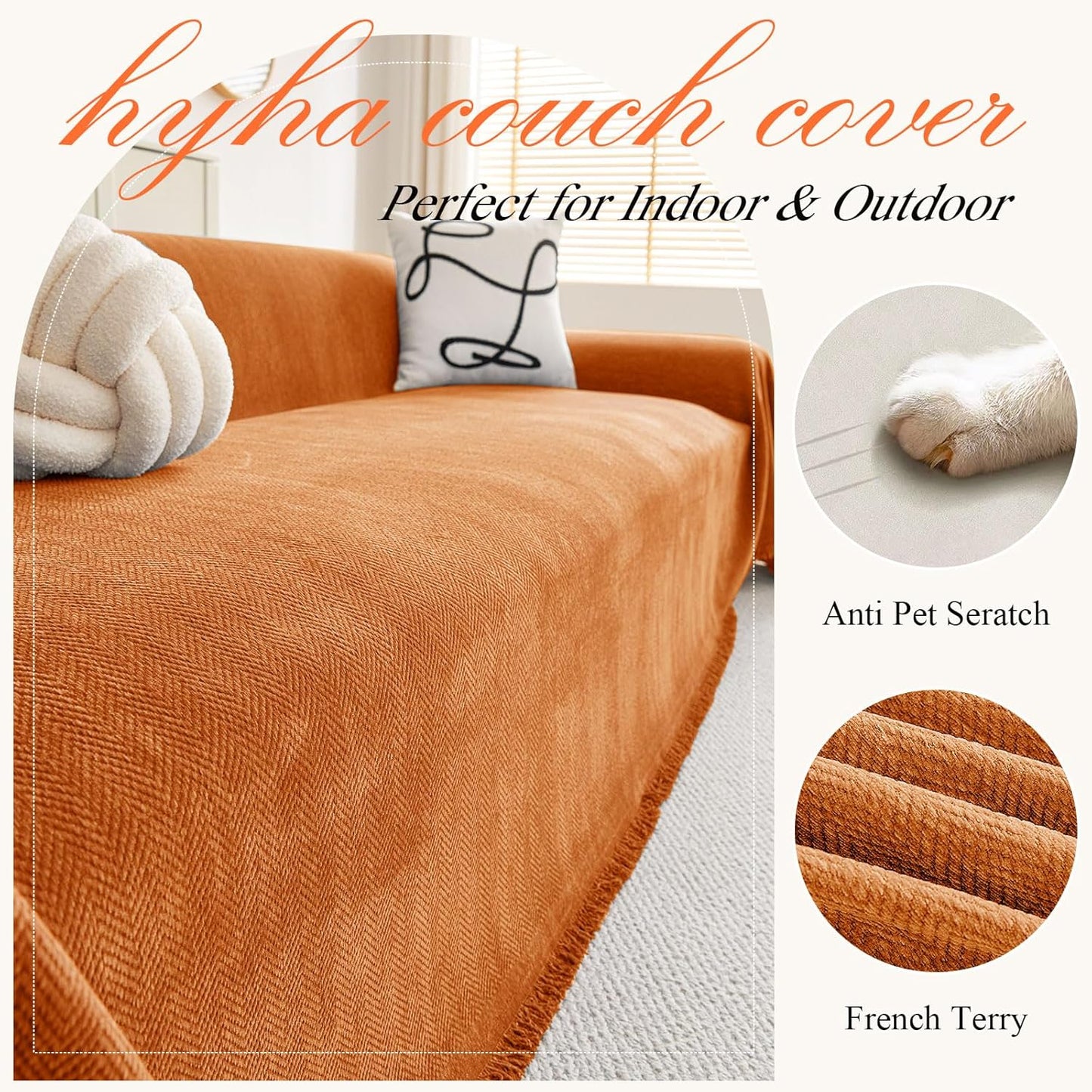 hyha Couch Cover for Dogs, Boho Sofa Covers for 3 Cushion Couch Washable, Chenille Sofa Slipcover for Pets, Soft Loveseat Sectional Couch Throw Blankets with Tassels (Orange, 88.5x150 Inch)