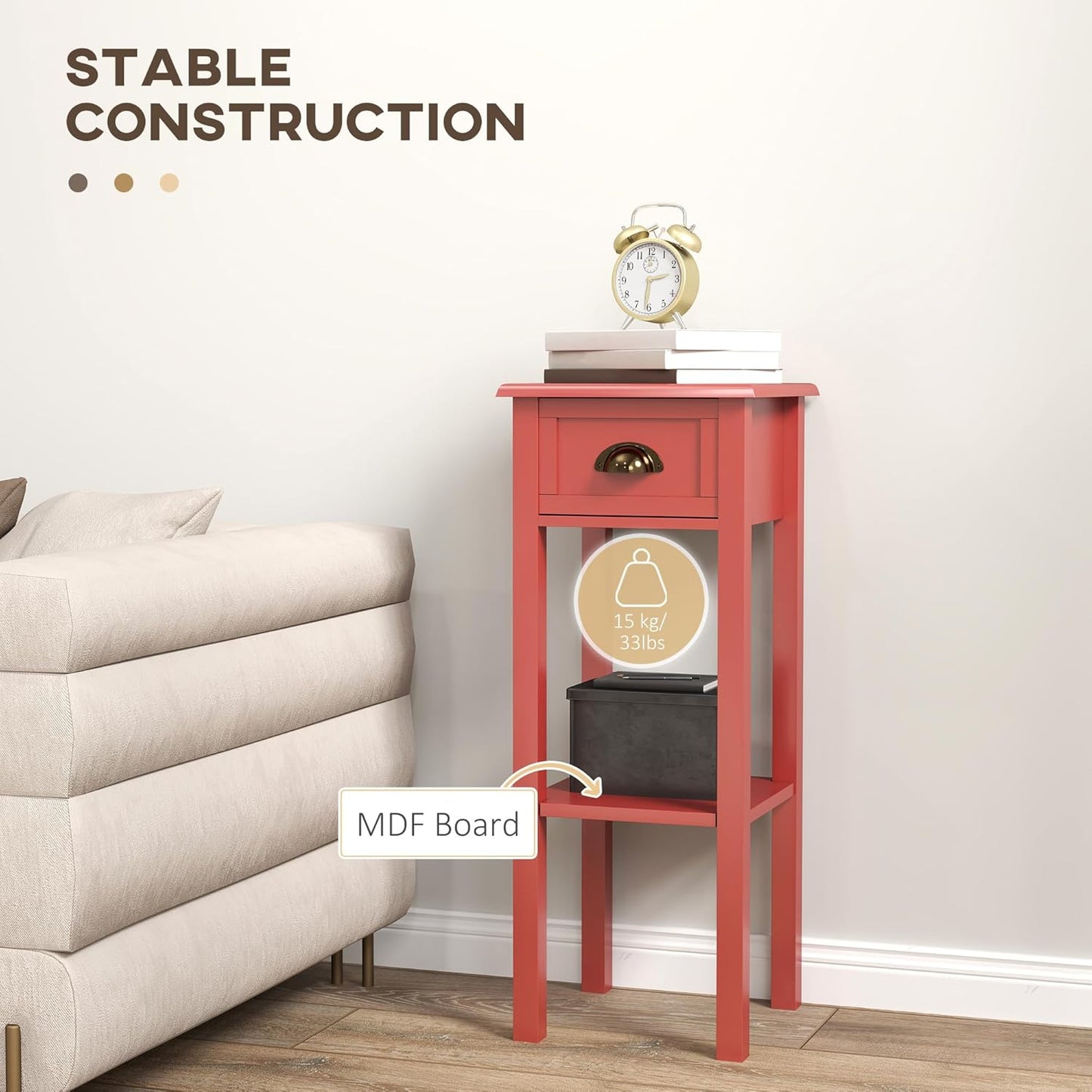 HOMCOM 2-Tier Side Table with Drawer, Narrow End Table with Bottom Shelf, for Living Room, Set of 2, Red