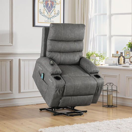 Recliner Chair Power Lift Massage Chair Full Body 21" Large Size Electric Recliner with 8 Point Vibration Massage and Lumber Heat, Remote Control, Side Pockets and Cup Holders, Grey