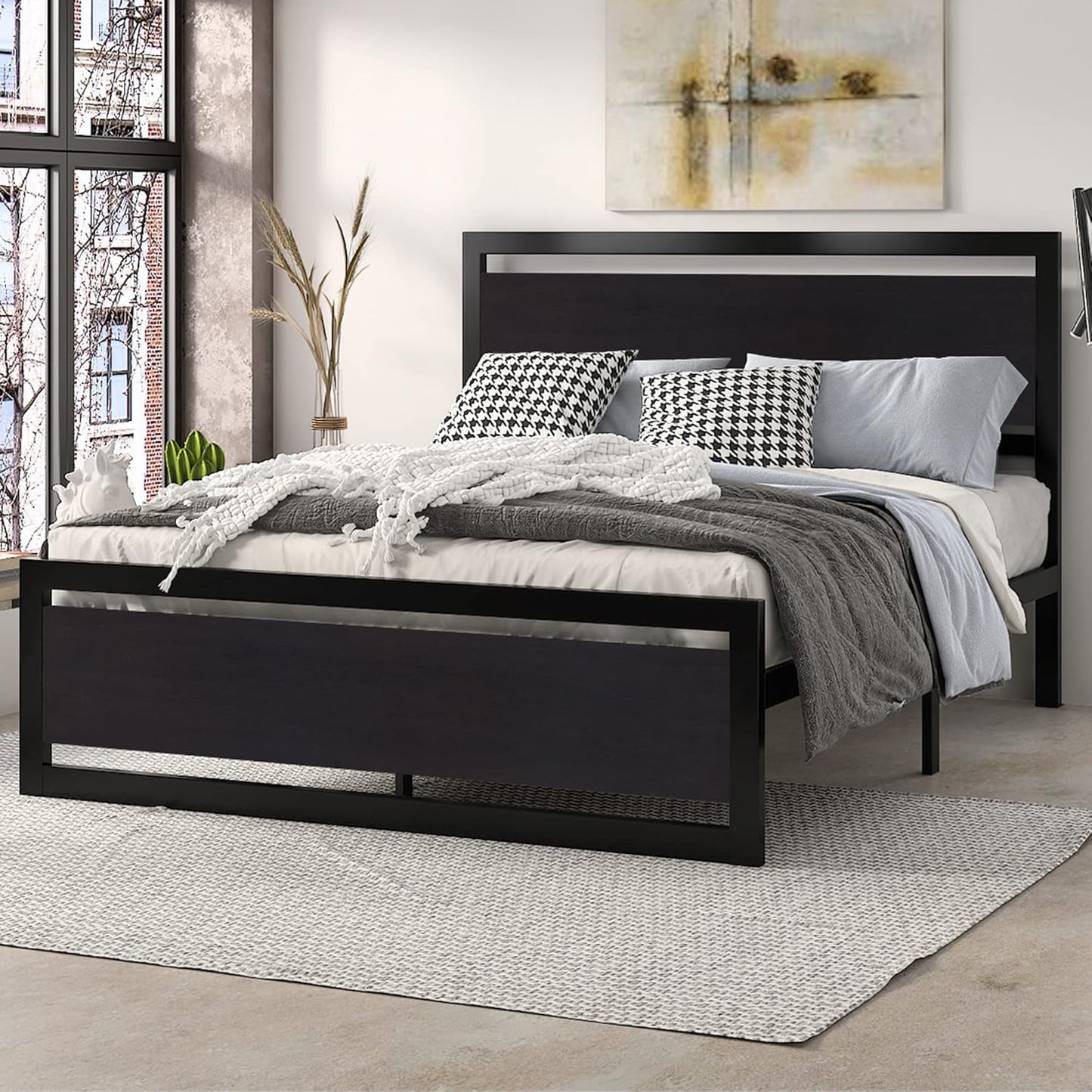 SHA CERLIN Queen Size Bed Frame with Modern Headboard, Heavy Duty Platform Metal Base with Square Footboard and 13 Strong Slats Support, No Box Spring Needed, Black