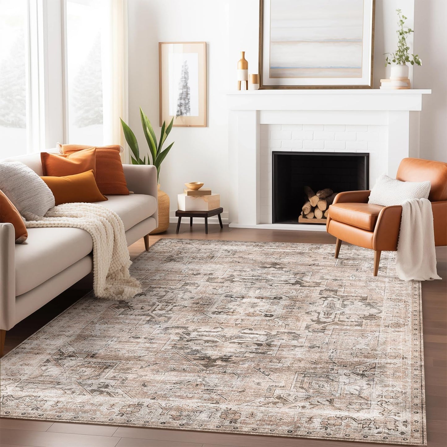 GENIMO 6x9 Area Rugs for Living Room, Machine Washable Non Slip Vintage Retro Rugs, Low Pile Lightweight Thin Print Rug for Bedroom, Dining Room, Home Office, Brownishi Drab