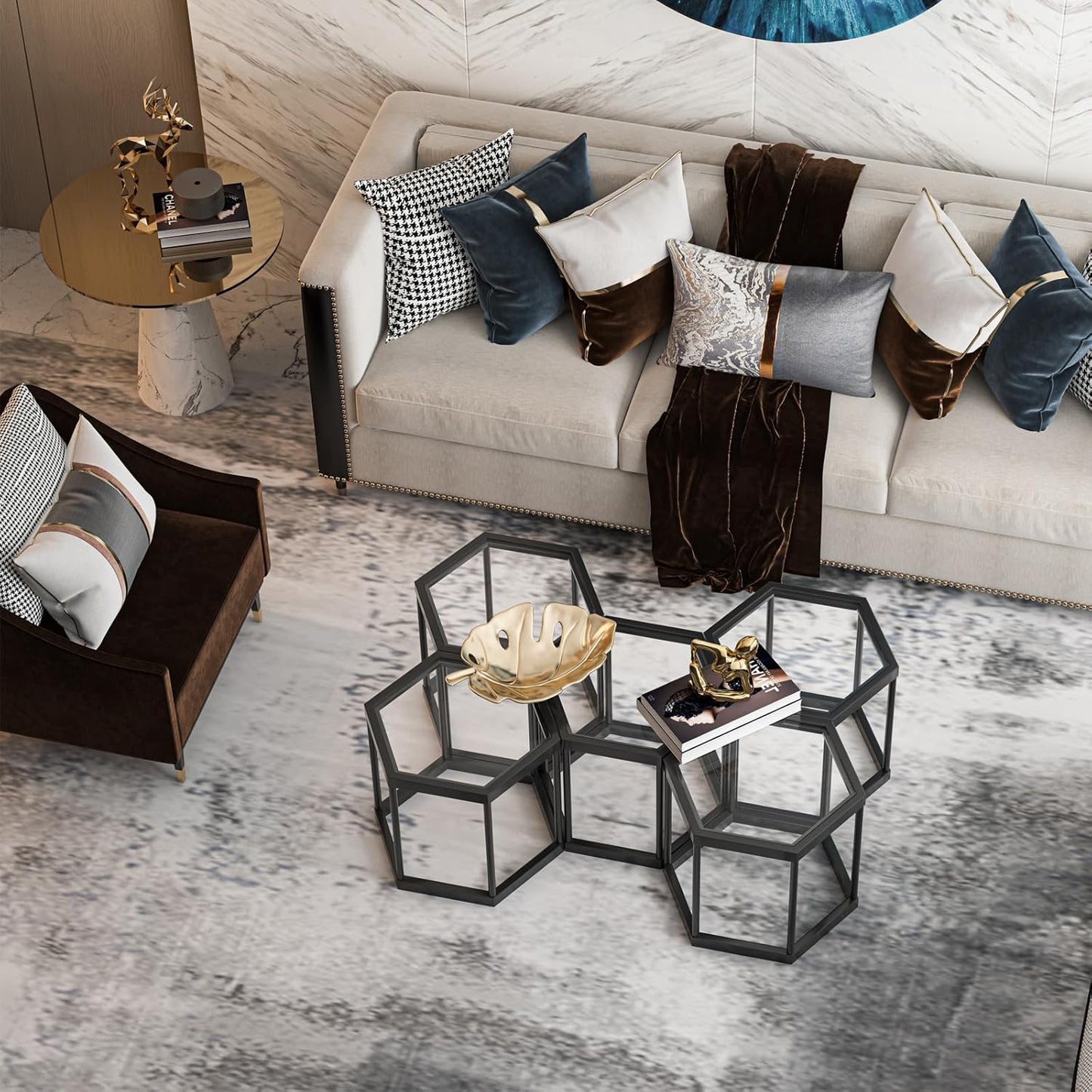 Coffee Table Glass Modern Coffee Table, Hexagon Free Combination Glass Center Table Small End Tables with Metal Frame for Living Room Set of 3