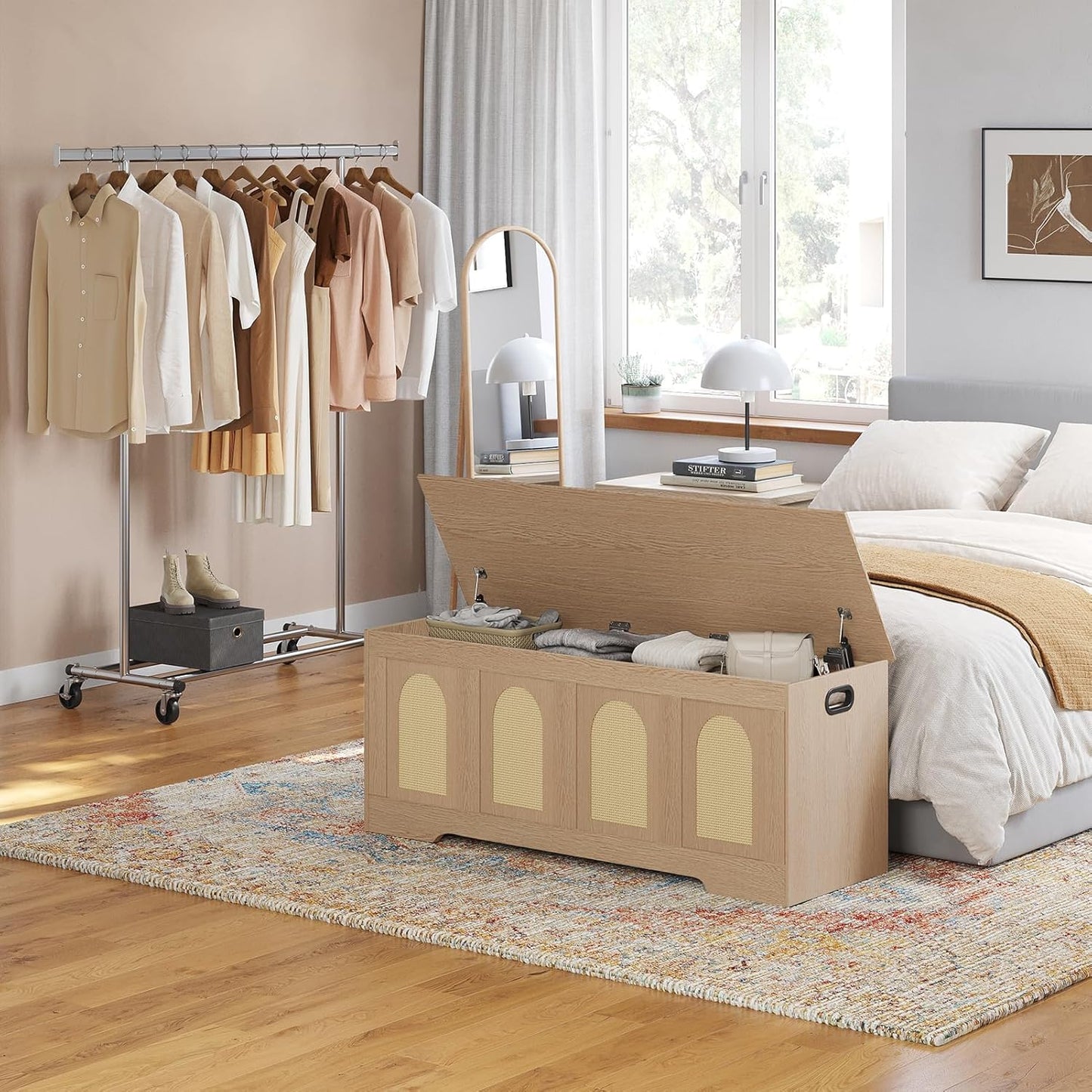 DINZI LVJ Storage Chest, 47.2" Rattan-Like Toy Box with 2 Safety Hinges, Wooden Entryway Storage Bench with Flip-Top, Large Trunk for Living Room, Bedroom, Easy Assembly, Natural