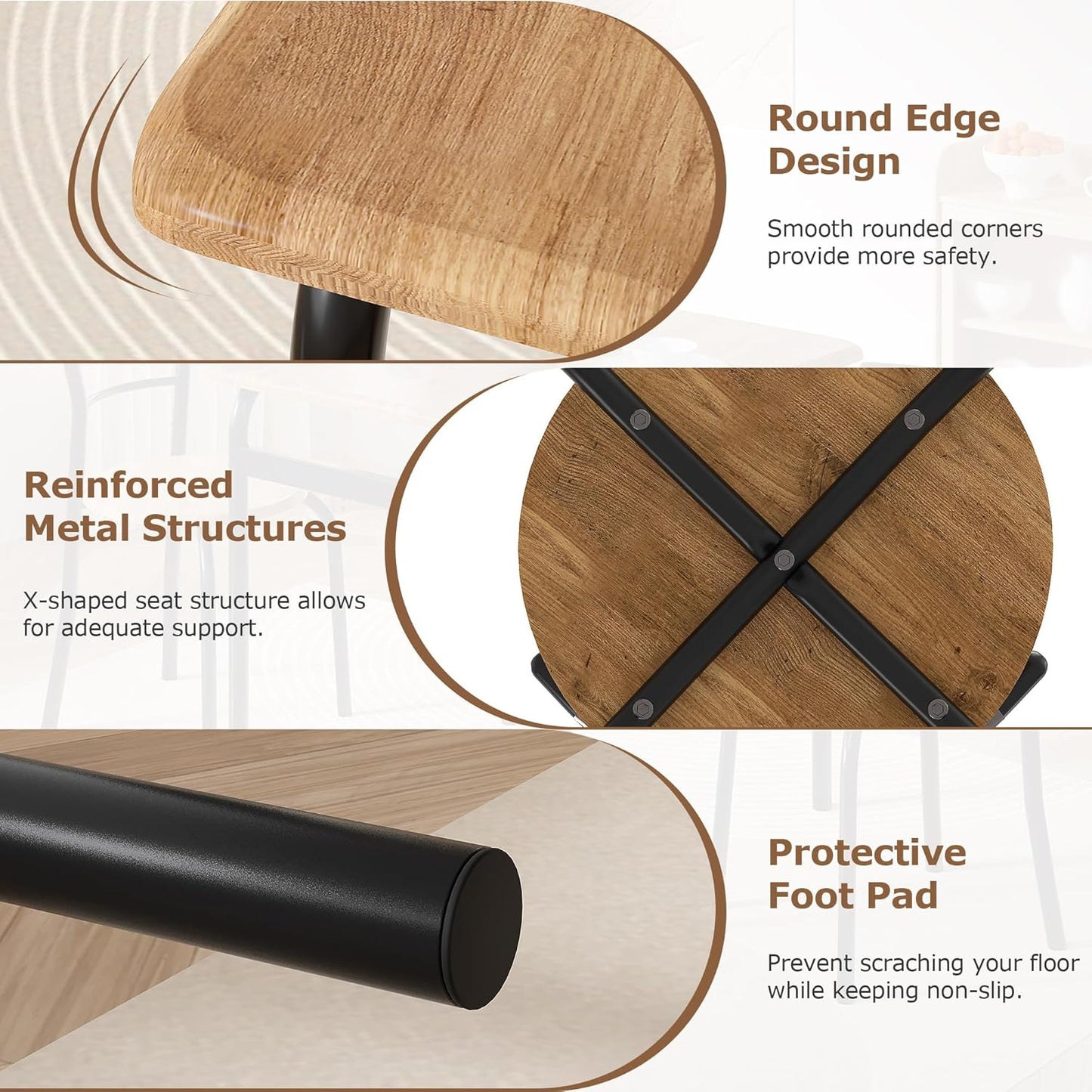 VECELO 3 Piece Dining Table & Chairs Set for 2, Metal and Wooden Square Kitchen Dinette Set for Small Space, Breakfast Nook, Saving Space, Brown