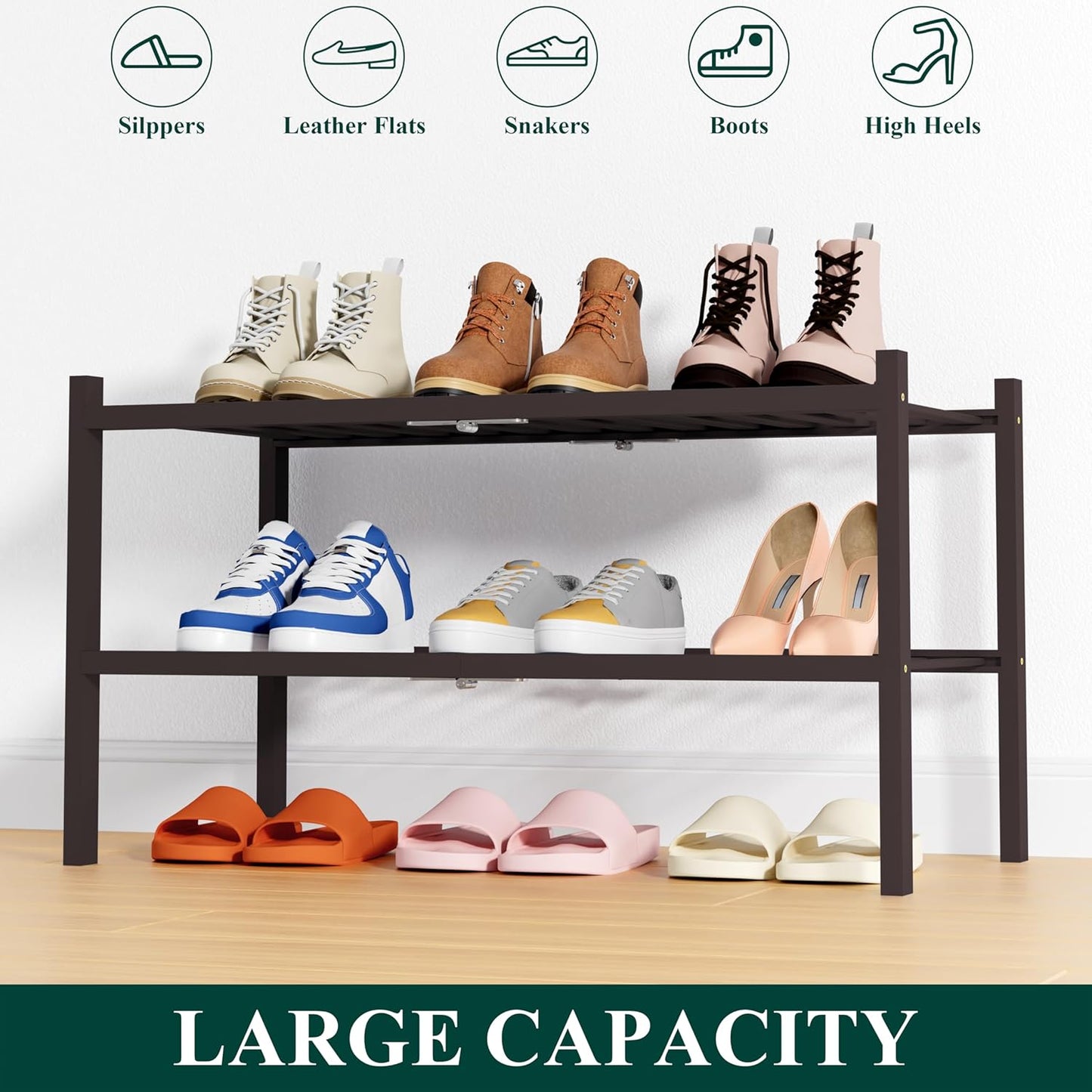 Smiry Shoe Rack, 2 Tier Thick Bamboo Shoe Organizer, Stackable Free Standing Wooden Shoe Storage Shelf for Closet, Entryway, Front Door Entrance, Brown
