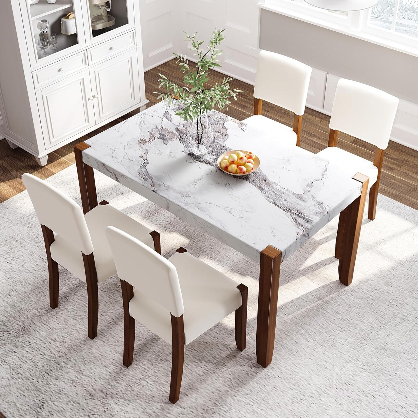 Ball & Cast 5 Piece Dining Table Set with 4 Upholstered Chairs,Wooden Living Room Furniture W/ 46" Faux Marble Style Desk,for Restaurant,Home Bistro,Off White