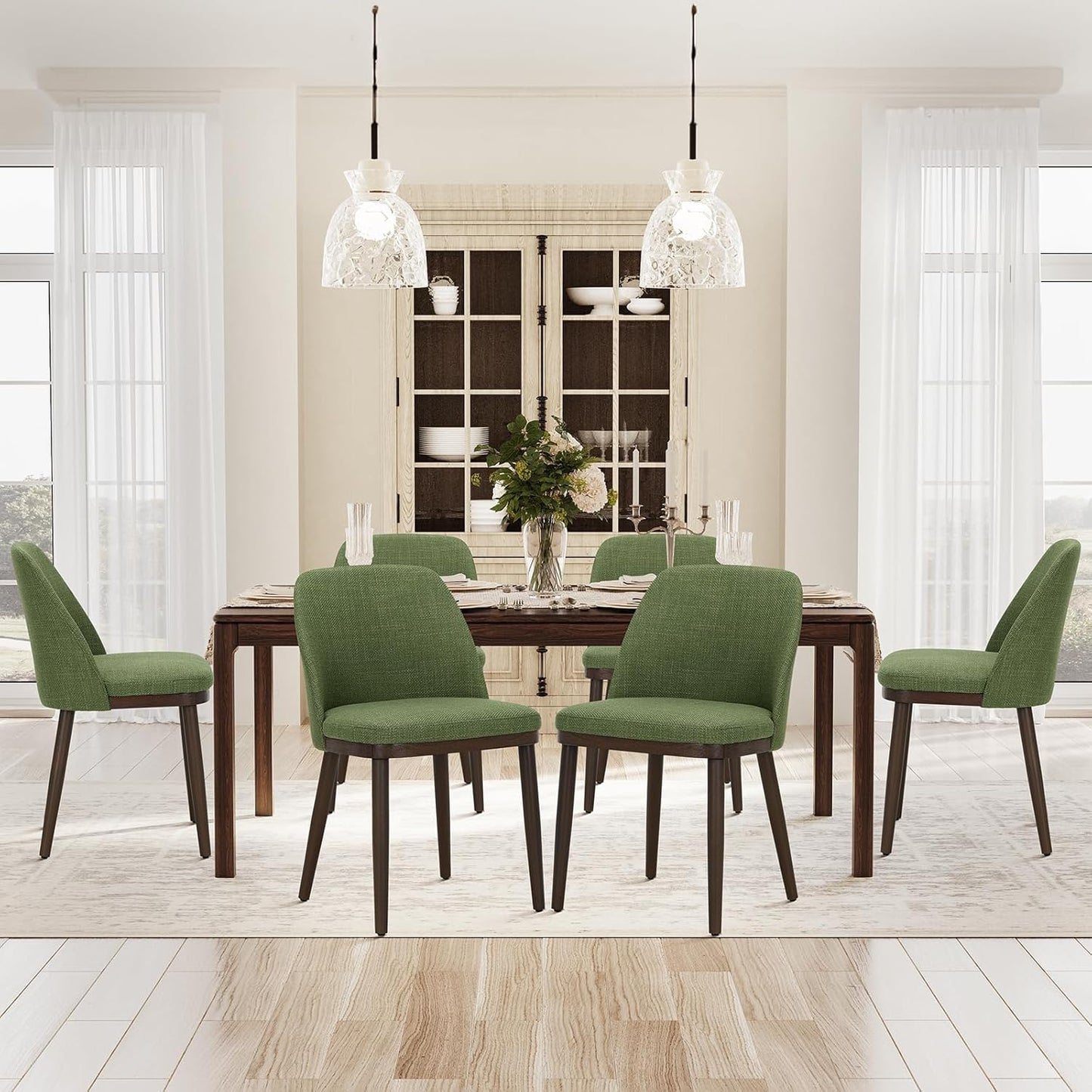 COLAMY Upholstered Dining Chairs Set of 6, Modern Kitchen Chairs with Back, Fabric Side Chair with Wood Legs for Dining Room Kitchen Restaurant, Green