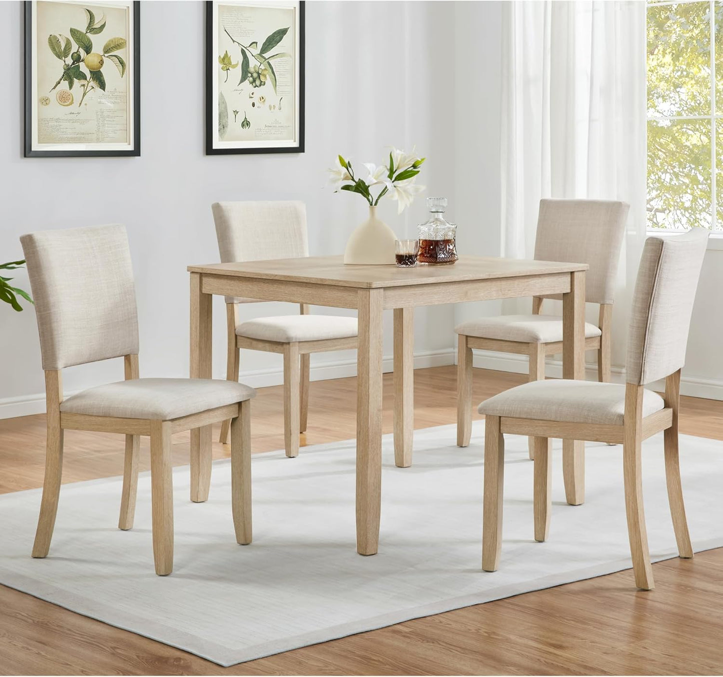 Ball & Cast 5 Piece Dining Table Set with 4 Upholstered Chairs,Wooden Living Room Furniture W/ 34.5" Square Kitchen Desk & Backrest Chair,for Small Space,Dining Room,Liaght Oak & Beige