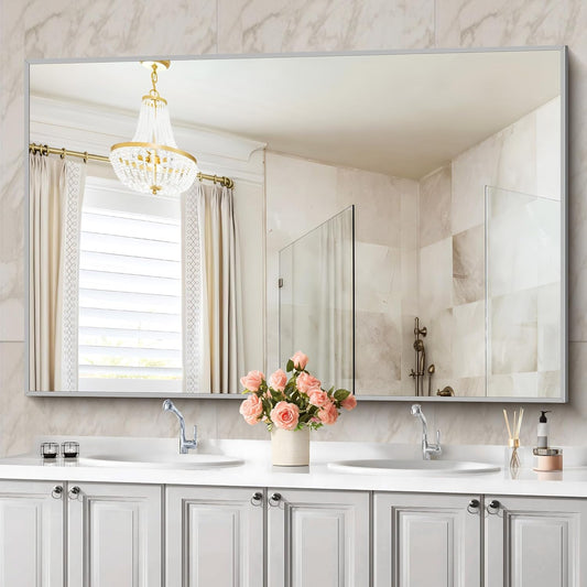 36x60inch Brushed Nickel Bathroom Mirror, Silver Rectangle Mirror with Frame, Large Rectangular Wall Mirrors for Bathroom, Living Roomm, Hair Salon, Big Mirror Hang Horizontal/Vertical