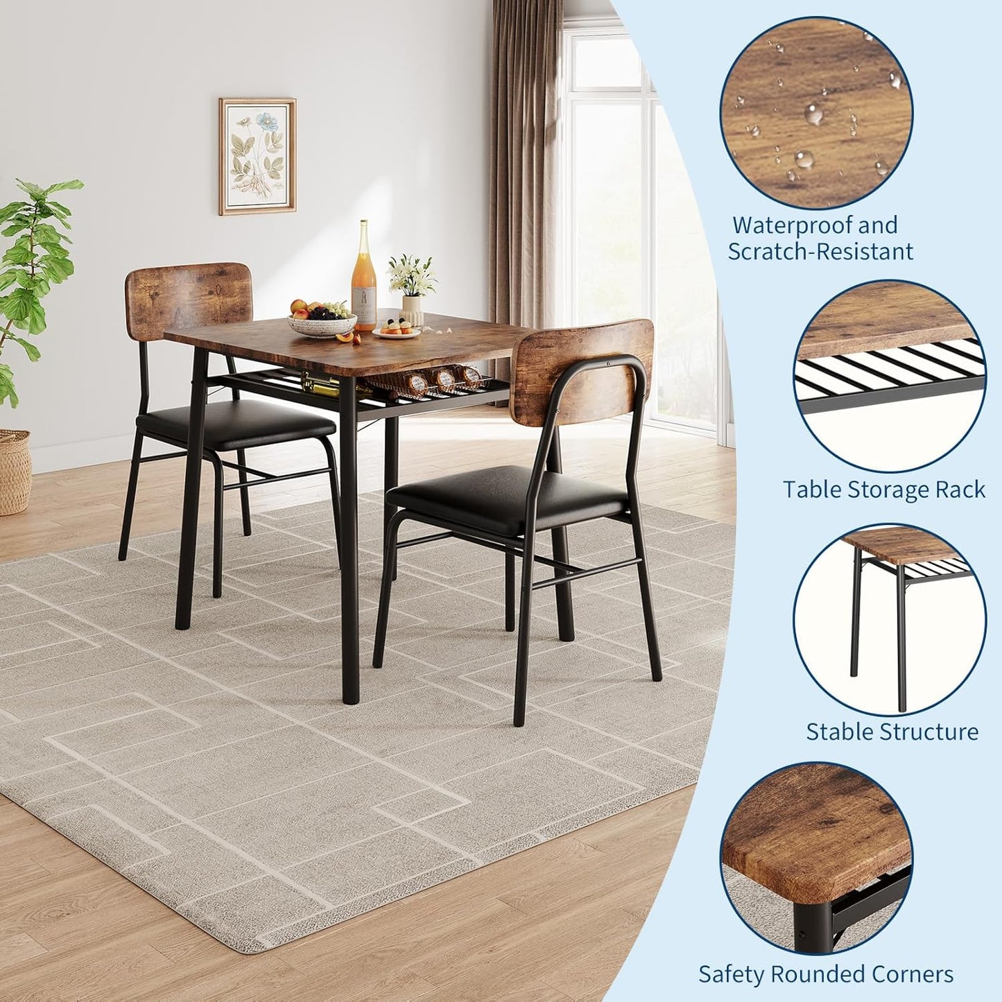 IDEALHOUSE 3-Piece Dining Table Set for 2 with Storage Rack, Wood Kitchen Table with Upholstered Chairs Set of 2, Small Square Table Set with Metal Legs Support, for Dining Room,Living Room