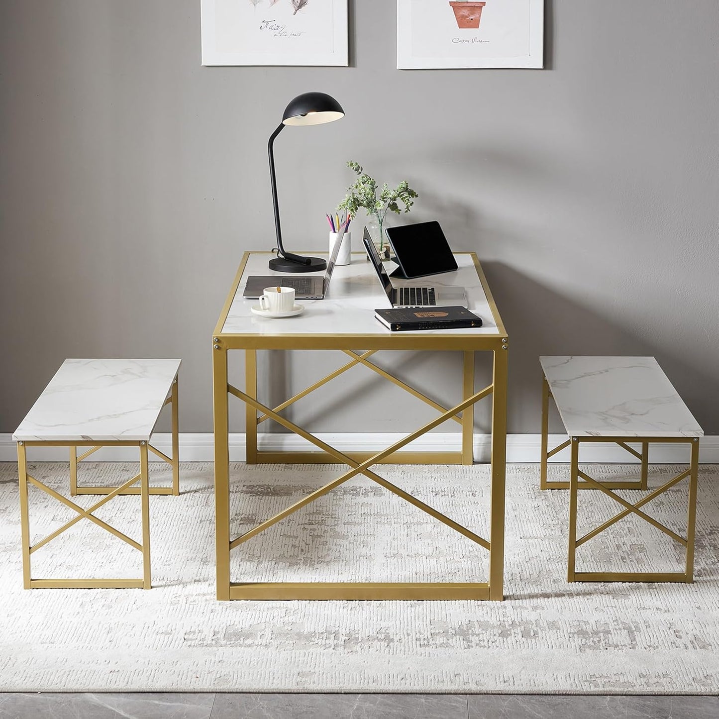 VECELO Kitchen Table with 2 Benches for 4-6,Wood Dining Room Dinette Sets with Metal Frame for Breakfast Nook and Small Space