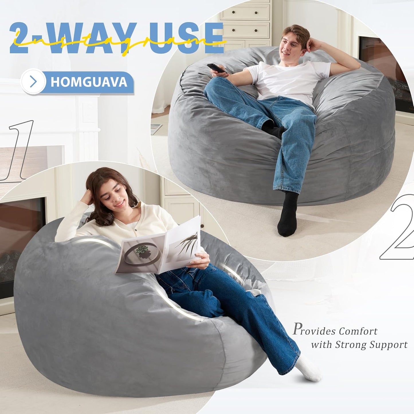 Homguava 4 FT Bean Bag Chair: 4' Bean Bags with Memory Foam Filled, Large Beanbag Chairs Soft Sofa with Dutch Velvet Cover-Light Grey