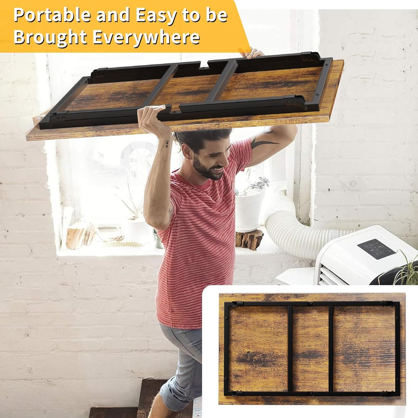 Folding Coffee Table, Portable Wood Low Table with Metal Legs, No Assembly Required, Small Foldable Floor Desk for Living Room/Tea Room/Small Spaces (39.4in x 23.6in x 15.8in) (Rustic Brown)