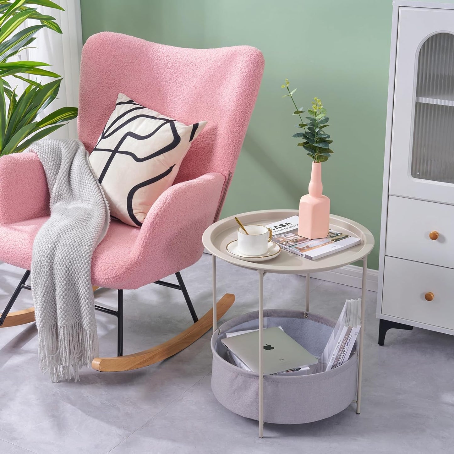 VECELO Round Side/End Table with Fabric Storage Basket，Metal Anti-Rust and Waterproof Small Bedside Nightstand with Removable Tray Top for Living Room，Balcony & Laundry，Grey /1pcs with Basket