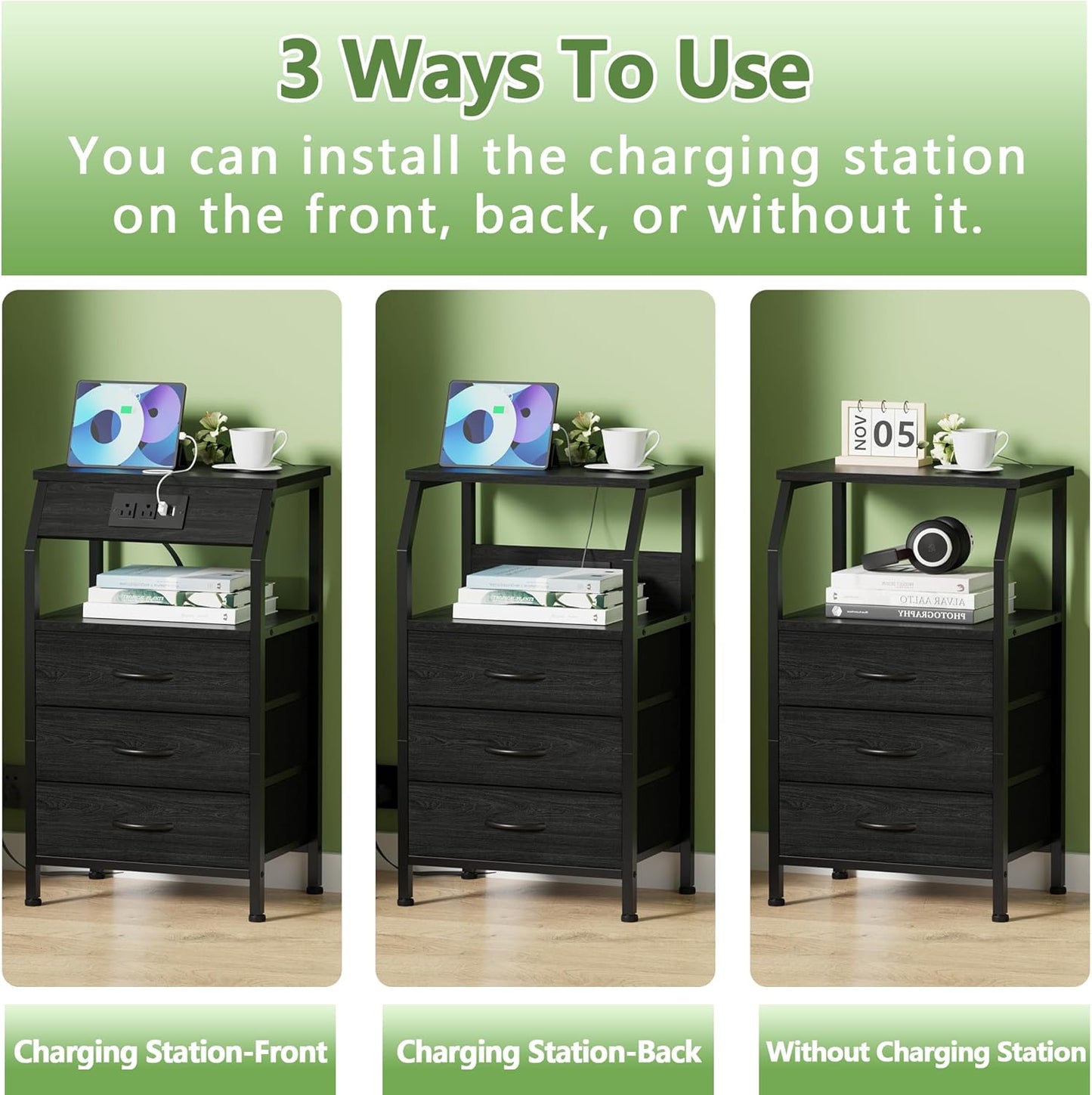 Furnulem Night Stand with Charging Station, 28.3 Inch Tall Side Table with Fabric Drawers and Storage Shelf, Bedside Table with USB Ports & Outlets, Nightstand for Bedroom, 3 Ways to Use, Black Oak