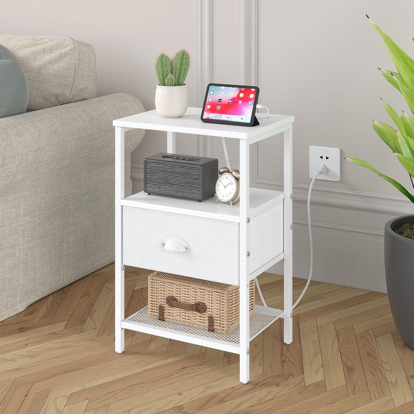 Nightstands Set of 2, Night Stands with Charging Station and Fabric Drawer PU Finish, Bedside Tables with Storage, 3 Tier Side Table with Open Shelf, Nightstands with Charging Station,White