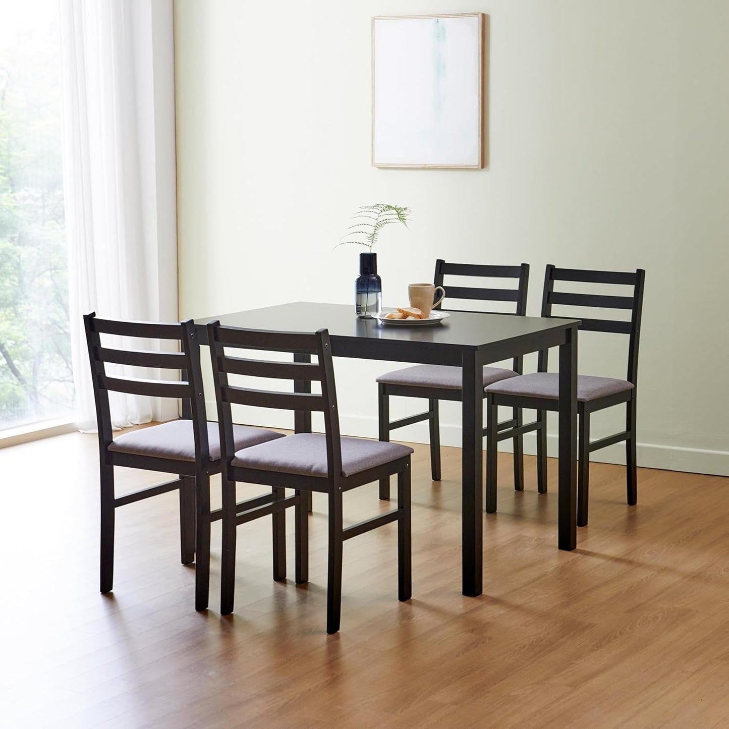 Livinia Seattle 5-Piece Wooden Dining Table Set for 4, Modern Farmhouse Kitchen Dining Room Set with Solid Wood Ladder Back Chairs for Small Space (Black)