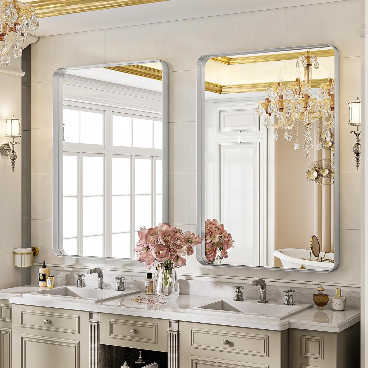 Bathroom Mirror 24x32 inch, Silver Gorgeous Deep Frame Wall Mirror, Modern Round Corner Bathroom Vanity Mirror for Bedroom, Living Room, Hanging or Leaning Horizontal or Vertical, Silver