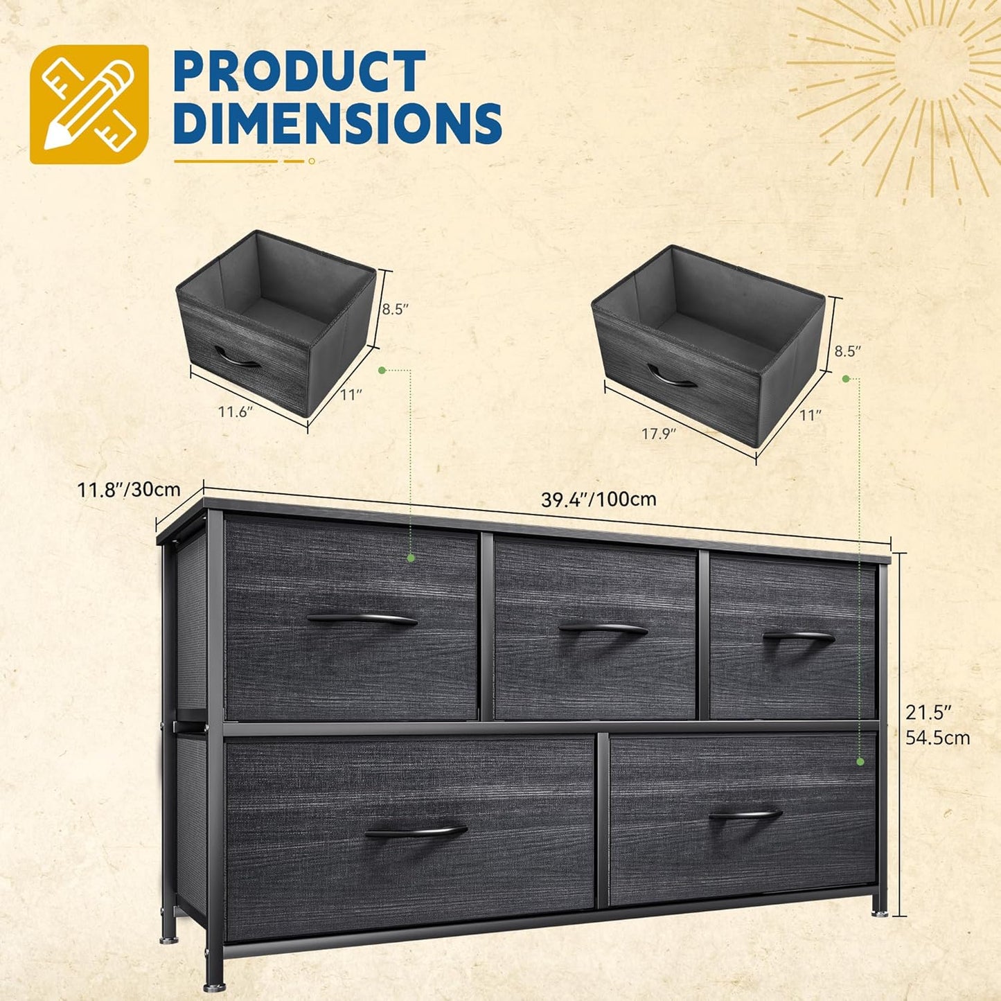 DWVO Dresser with 5 Drawers - Fabric Storage Tower, Organizer Unit for Bedroom, Living Room, Closets - Sturdy Steel Frame, Wooden Top