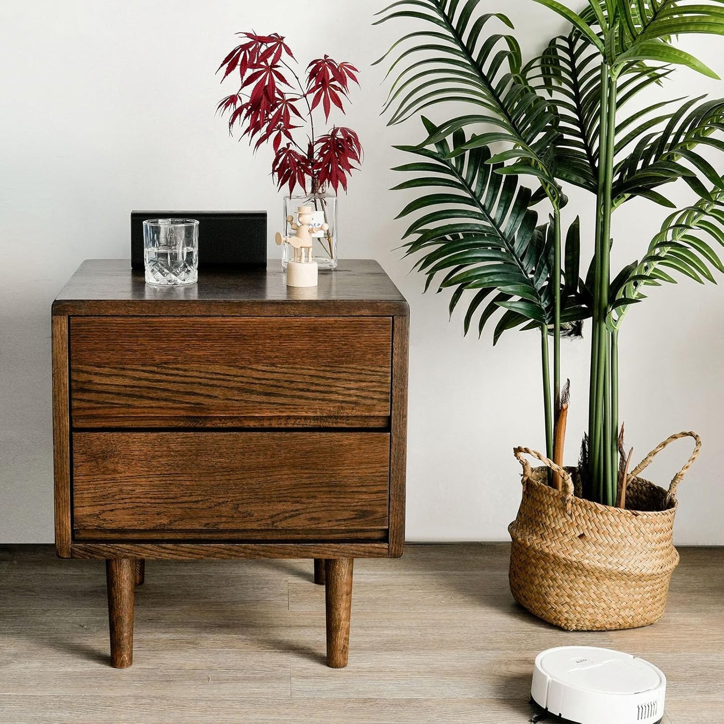 Night Stand, Mid Century Modern Nightstand w/2 Drawers, Boho Small Bedside Table, Oak Solid Wood, 17.72 W x 15.75 D x 19.69 H Inches (Walnut, Double Drawer)