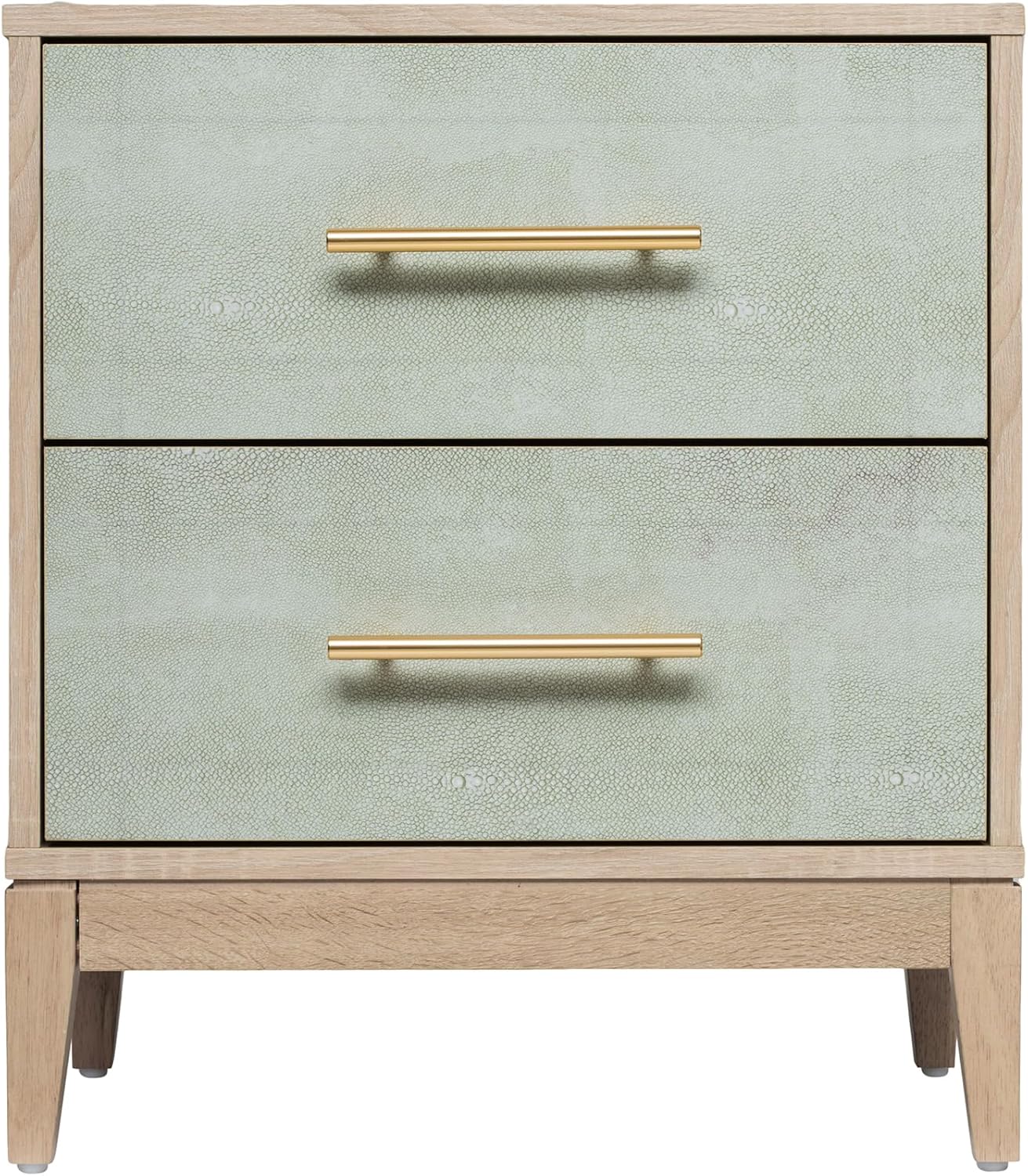 Sango Shagreen 2-Drawer Nightstand, Modern Natural Wood Bedside Table with Gray Faux Shagreen Drawer Fronts, Brass Handles, Sturdy Legs, Elegant Storage for Contemporary & Luxury Homes