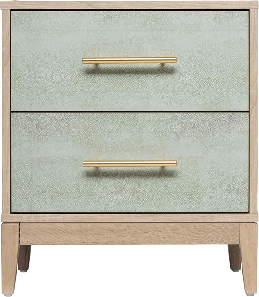 Sango Shagreen 2-Drawer Nightstand, Modern Natural Wood Bedside Table with Gray Faux Shagreen Drawer Fronts, Brass Handles, Sturdy Legs, Elegant Storage for Contemporary & Luxury Homes