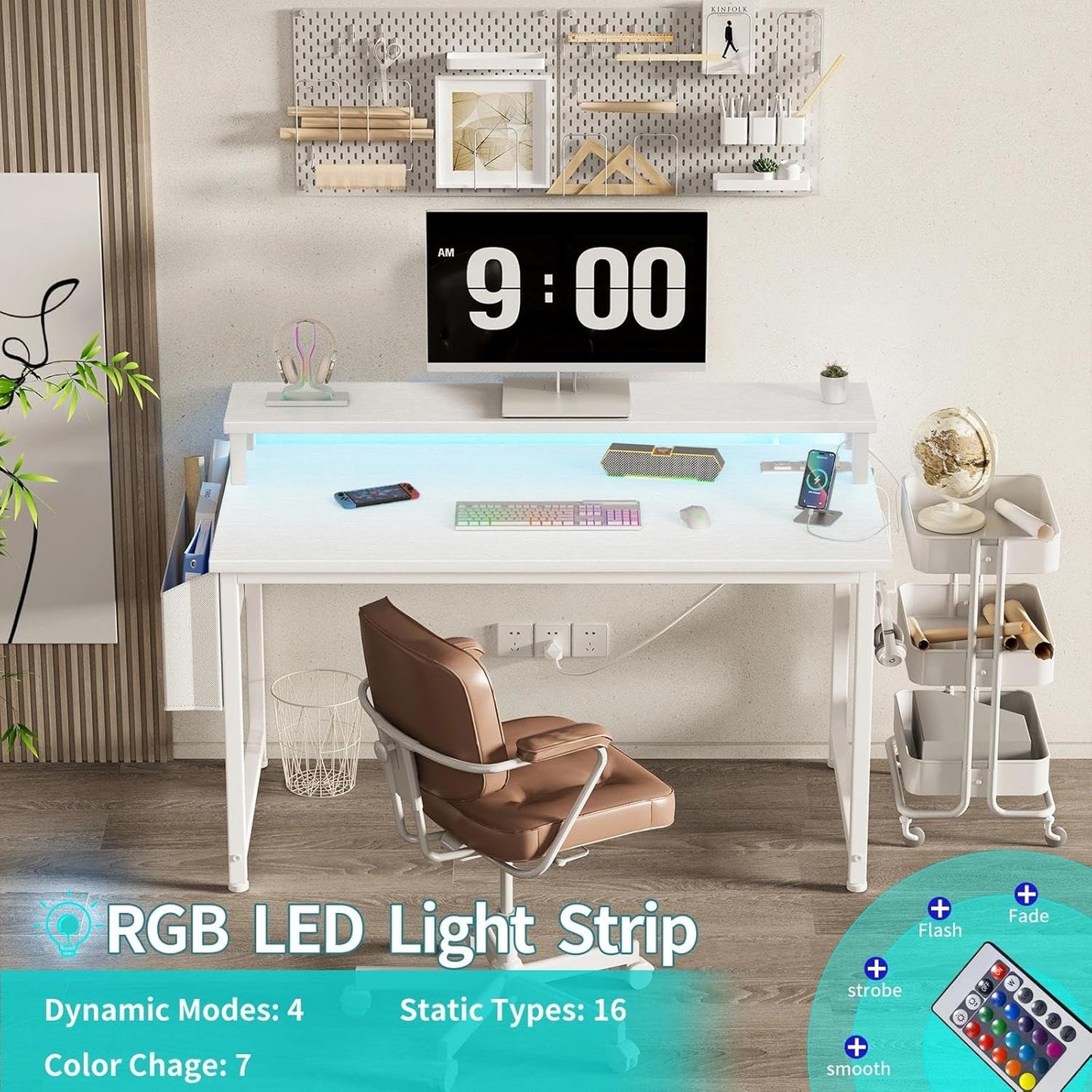 Lufeiya Small White Desk with LED Lights and Power Outlets, 32 Inch Home Office Computer Desks with Monitor Stand, Teen Writing Study Table Gaming Desk with Charging Station, White